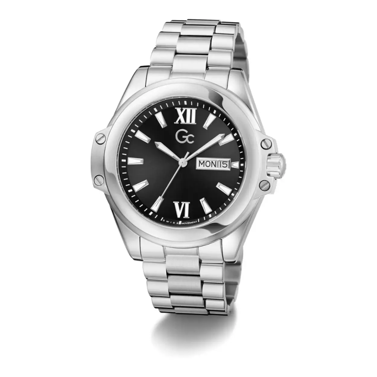 Zilverkleurig herenhorloge van Gc met zwarte wijzerplaat en dag- en datum aanduiding. Het horloge combineert elegantie met functionaliteit en straalt verfijning uit. De deels geborstelde band en zilverkleurige afwerking zorgt voor een tijdloze uitstraling die bij elke gelegenheid past. De wijzers zijn voorzien van Super-LumiNova coating en de schroefdetails op de kast maken dit model helemaal af.