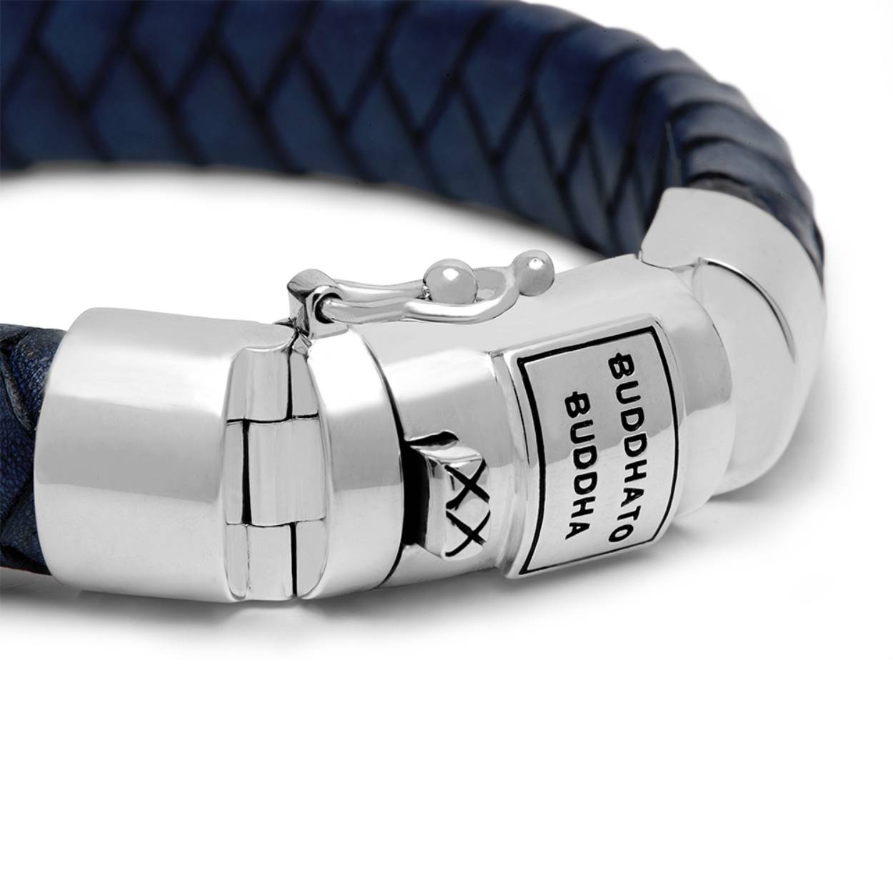 Buddha To Buddha  blauw gevlochten leren band met 1e gehalte zilverensluiting en eindstuk - 544BU- Ben navy - F = 21 cm