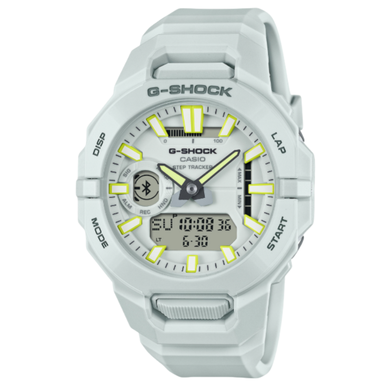 Licht grijze Casio G-Shock met wijzers en digitale tijds aanduiding, stopwatch, timer, alarm, verlichting