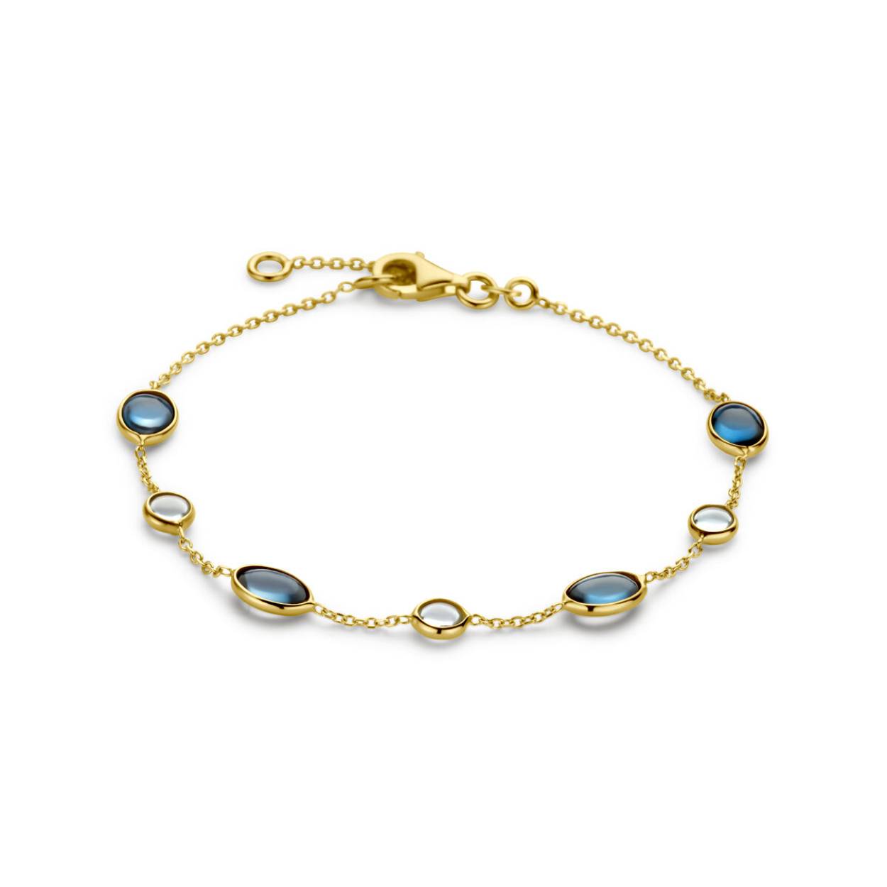 geelgouden armband, 14 krt met blauw topaas. op een draaglengte van 17-19cm