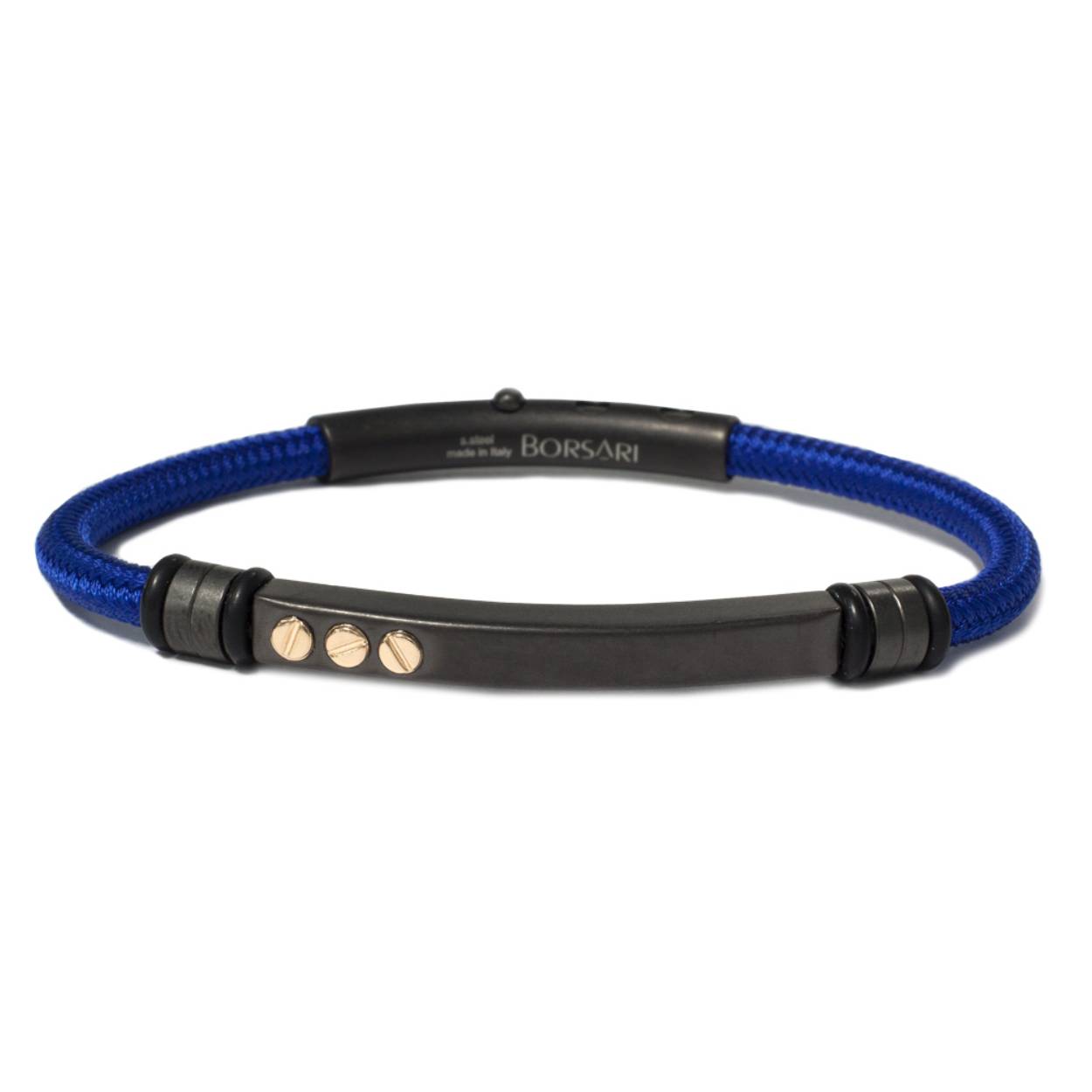 Borsari Gioielli armband edelstaal - polyester + 18 krt.
de armband is in de sluiting op 3 plaatsen verstelbaar in grootte