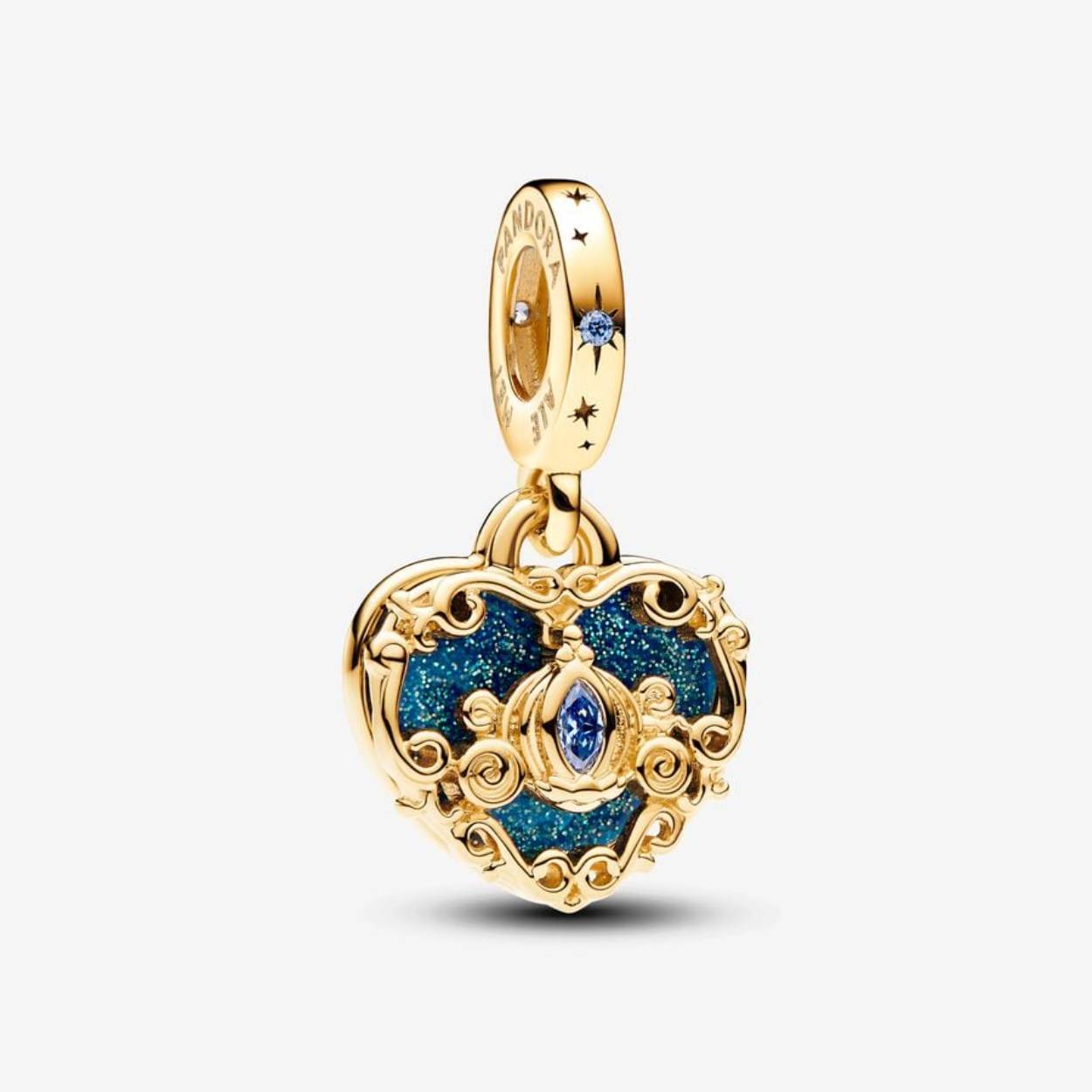 Disney Assepoester Hart 14K vergulde dubbele bengelen met fancy lichtblauwe kubieke zirkonia en glittery blauw emaille