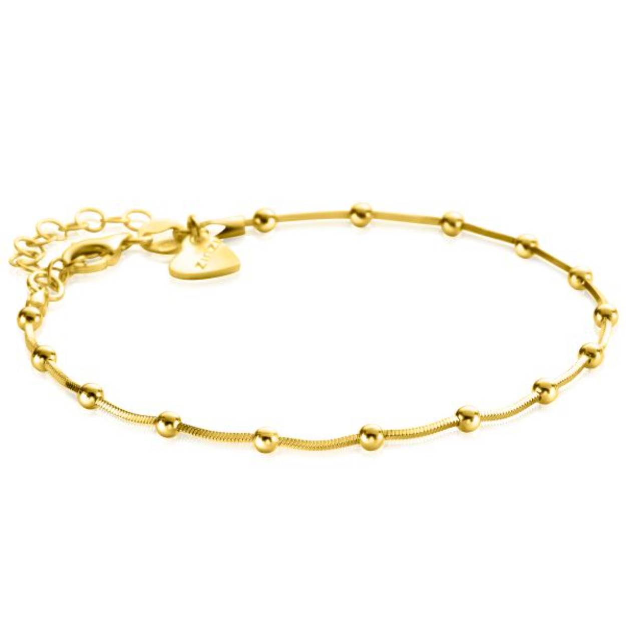 ZINZI gold plated zilveren slangen-armband met vierkant geslepen schakels en 15 verfijnde glanzende bolletjes (2,5mm breed). De lengte van de armband is te vari&euml;ren tussen 17 en 20cm. De armband is vervaardigd van eerste gehalte zilver (925) en extra geelverguld.