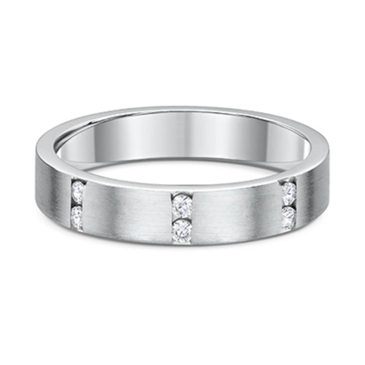 585 witgouden trouwringen, mat, 4 mm breed. De damesring is gezet met totaal 0.150ct briljant
Prijs is op aanvraag