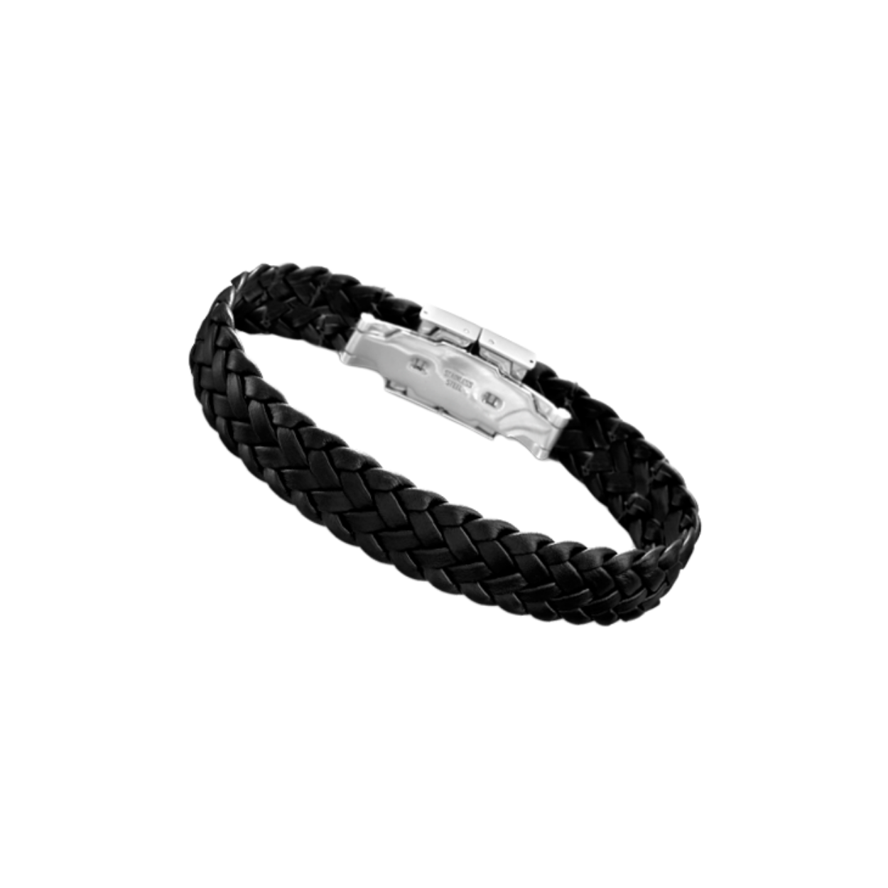 Zwarte lederen armband, gevlochten - Stalen sluiting - Lengte: ca 22 cm, breedte: 18 mm