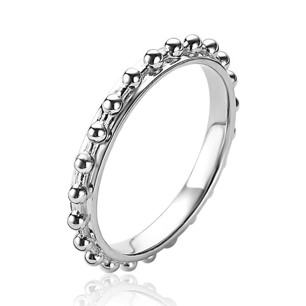 ZINZI zilveren trendy aanschuifring met bolletjes aan de buitenkant van de scheen gezet. De ring is 2,5mm breed. Gemakkelijk te combineren met andere zilveren Zinzi aanschuifringen. Mix & match! De ring is vervaardigd van eerste gehalte zilver (925) en met extra rhodiumlaag voor mooie glans.