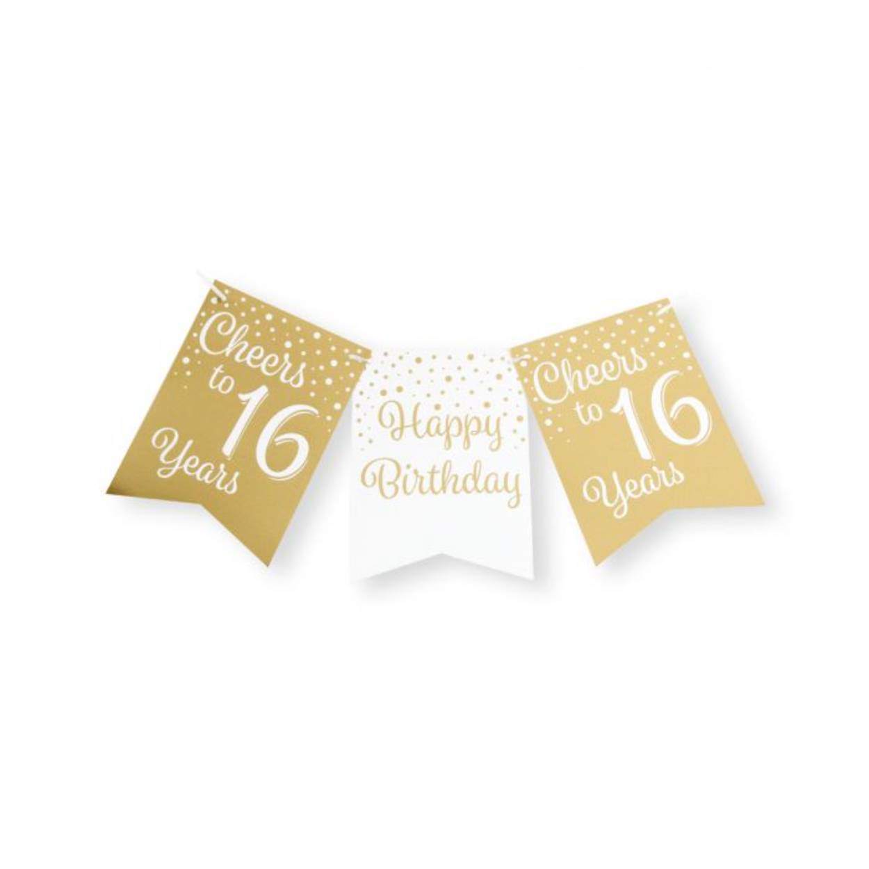 De gold/white party flag banners maken goede sier op een feestje zoals bijvoorbeeld een jubileum, maar ook op een verjaardagsfeest zoals deze gold/white party flag banner met opdruk 16. Door de gebruikte kleuren hebben deze flag banners een luxe maar toch feestelijke uitstraling! De vlaggetjes zijn gemaakt van folie met een bedrukking aan beide kanten