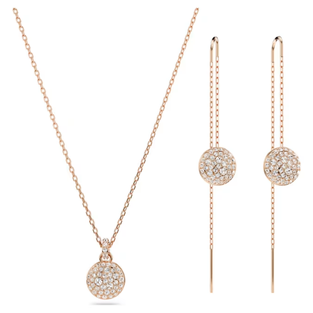 Deze sieradenset met roségoudkleurige toplaag combineert de inspiratie van sterren met de savoir-faire van Swarovski. De stralende hanger wordt gedragen aan een delicate ketting met karabijnsluiting en is voorzien van een bolvormig meteoormotief met een sneeuwpavé van heldere rondgeslepen kristallen in verschillende formaten. De oorstekers hebben hetzelfde prachtige motief in een hangend ontwerp met dubbele ketting. Een bijzonder cadeau voor een geliefde of een prachtige aanvulling op uw eigen stijl.