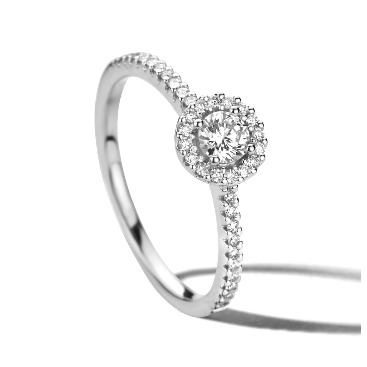 18 kt wit gouden solitair (halo model) met briljant: 0,40 ct
De prijs kan variëren naargelang de goudprijs