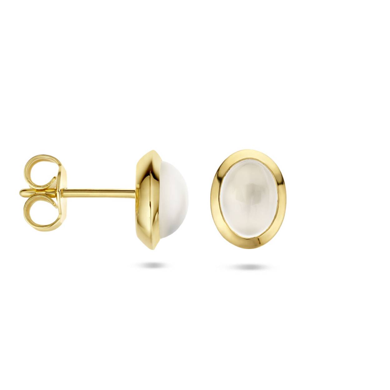 14k Geelgouden oorknoppen uitgevoerd met schitterende maansteen. De oorknoppen hebben een afmeting van 9x6.5mm.