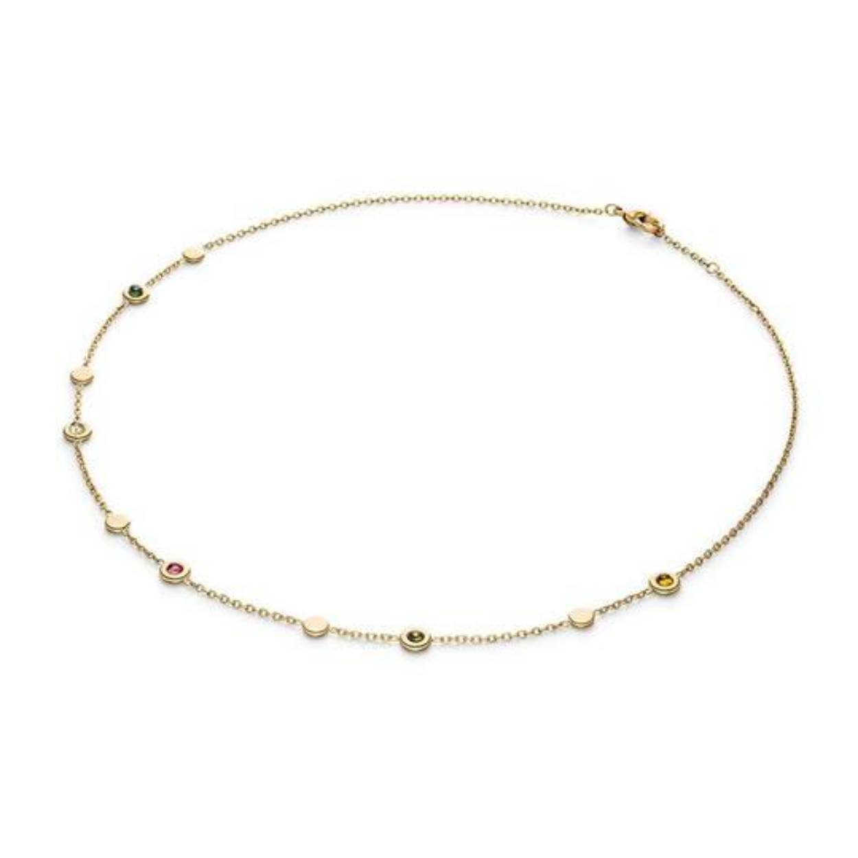 Dieses Collier ist eine exquisite Halskette aus Titan mit einer goldfarbenen Ankerkette. Sie ist neu und verf&uuml;gt &uuml;ber einen Karabiner-Verschluss. Die Kette hat eine L&auml;nge von 420 mm und ist mit f&uuml;nf wundersch&ouml;nen Turmalin-Steinen besetzt. Perfekt f&uuml;r elegante Anl&auml;sse und zum Verleihen eines Hauch von Raffinesse an jedes Outfit.