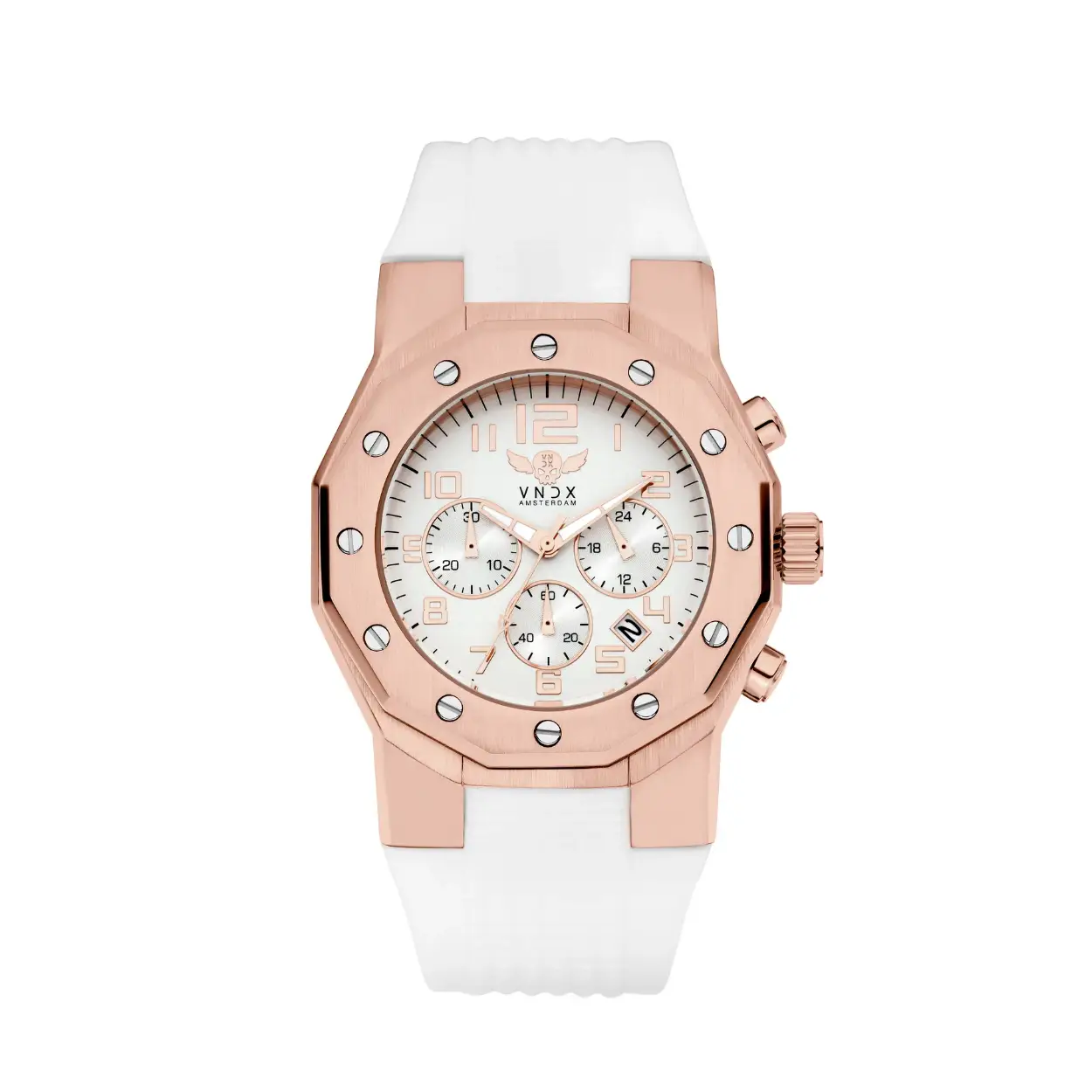 Een stoer horloge voor hem en haar, uitgevoerd met een mat geborstelde rosékleurige stalen kast, gecombineerd met de flexibele en comfortabele witte siliconen band.

Voorzien van een multifunctionele chronograaf en datumaanduiding, 

Ibiza Rebel; een uniek en stoer horloge voor jezelf, of om cadeau te doen. 

VNDX Amsterdam. Never too late!