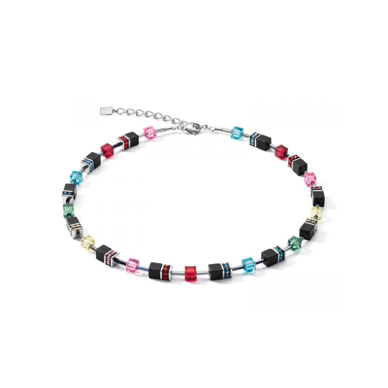 GEOCUBE collier met mat onyx, Swarovski kristallen en strass rondellen in regenboog kleuren.