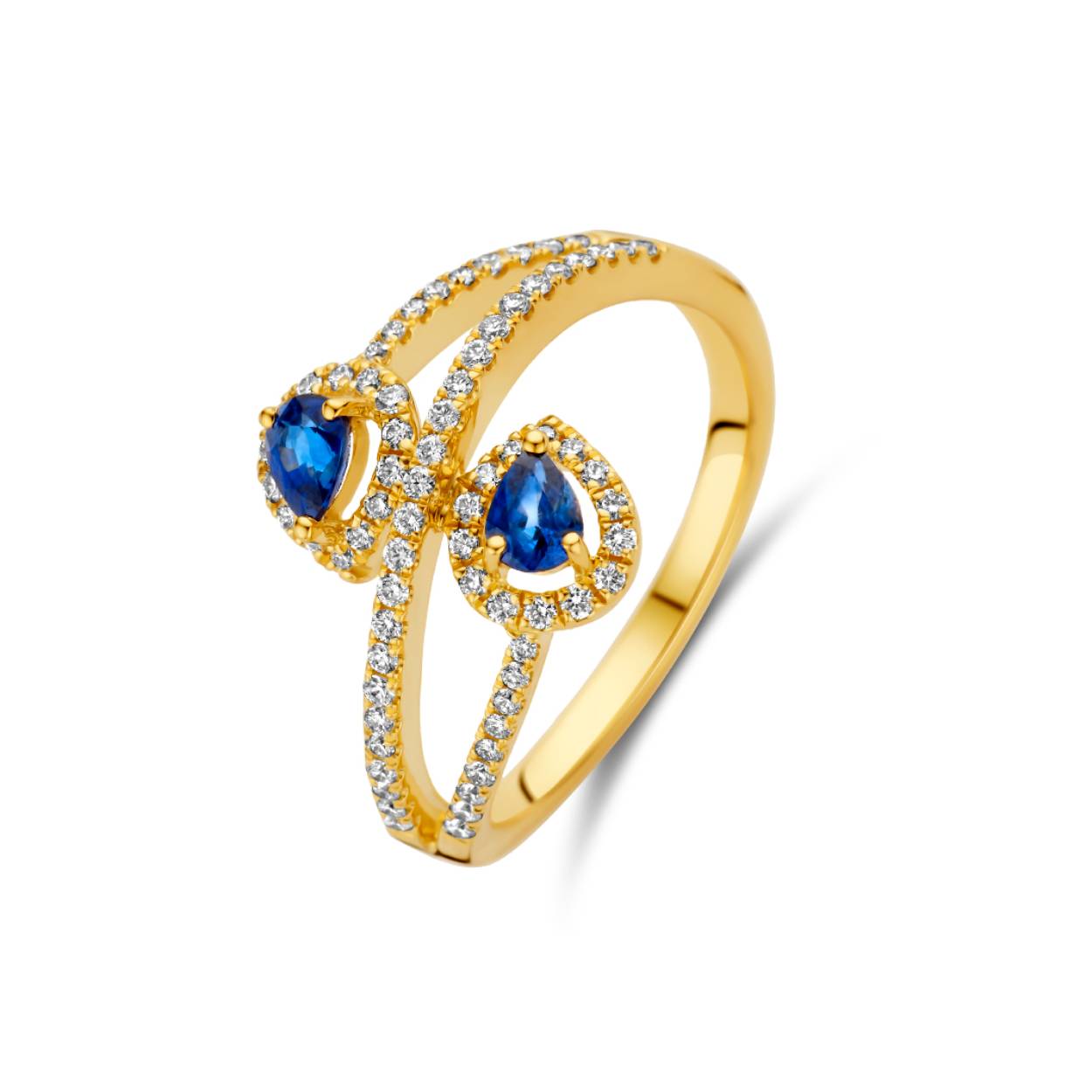 Ring geel goud 18kt met diamanten en bl saffier