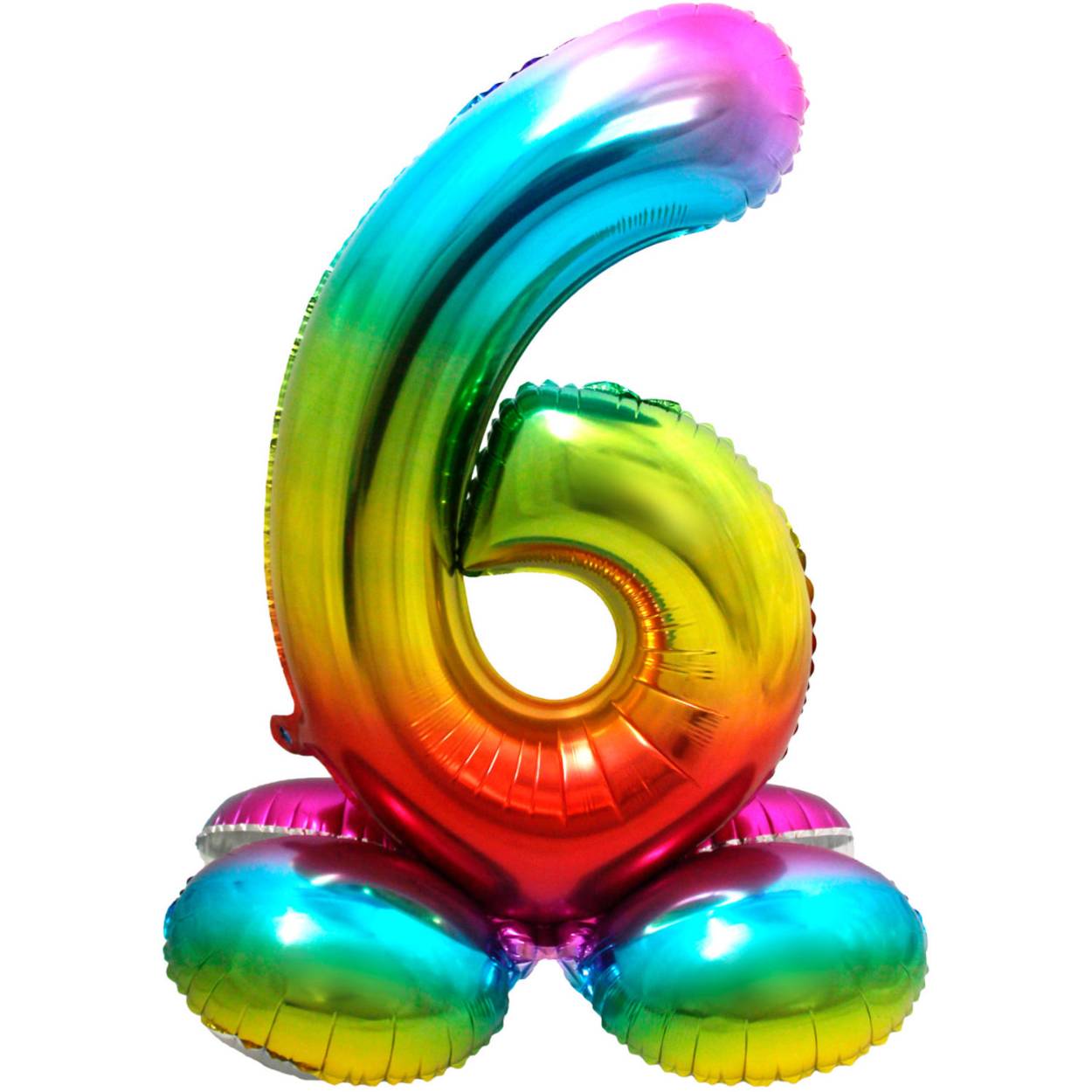 Staande Folieballon Cijfer 6 Regenboog - 72 cm. Inhoud: 1 folieballon. Kleur: Meerkleurig. Bijvoorbeeld te gebruiken tijdens de volgende feestgelegenheid/feestgelegenheden: Verjaardag, Kinderfeestje en Jubileum. Deze folieballon is 32 inch/81 cm en kan gevuld worden met lucht (geen helium nodig). Het artikel is gemaakt van folie.