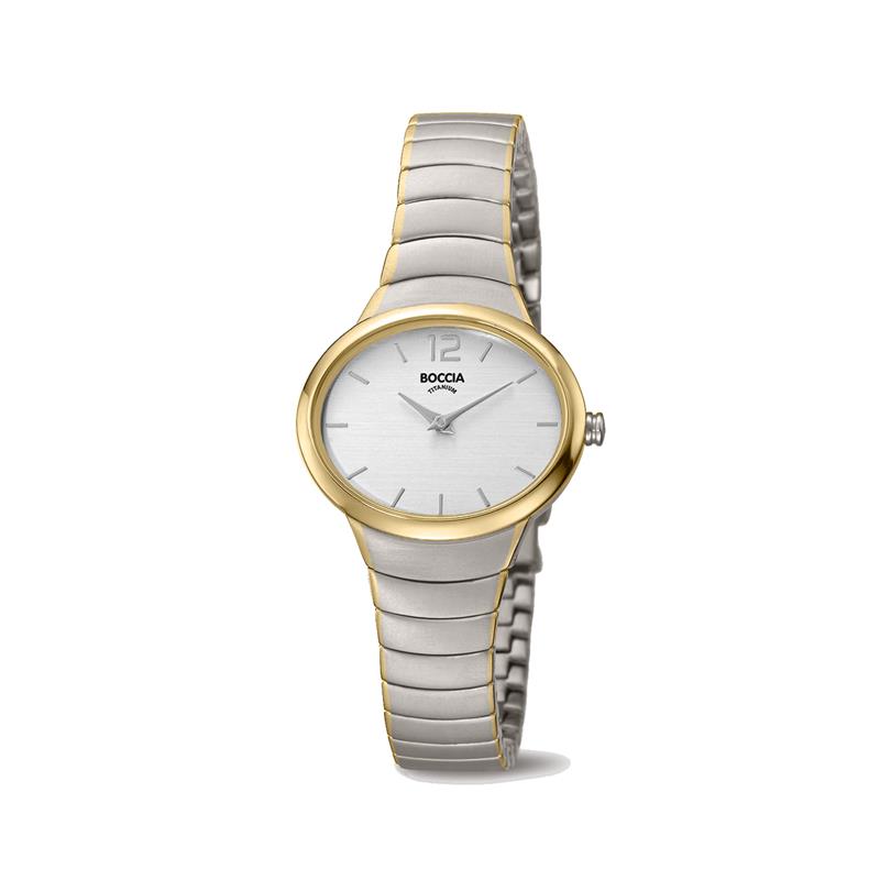 Boccia Titanium 3280-03
Dit dameshorloge van Boccia Titanium heeft een nette uitstraling. De tweekleurige titanium horlogekast zorgt voor een stijlvolle look en de witte wijzerplaat maakt het horloge chique. Het horloge heeft een ovale kast met een diameter van 30mm, een mineraalglas en is 3ATM. Combineer dit prachtige exemplaar met de andere sieraden van Boccia Titanium voor een complete look. Aan de titanium kast zit een bi-color schakelband.

HET MERK
Boccia Titanium is het titanium merk van Nederland, dat zijn oorsprong in Duitsland vindt en is opgericht in het jaar 1992. Ontwikkeld door internationale ontwerpers. Alle titanium componenten van de BOCCIA TITANIUM collectie zijn gemaakt van 99,7% puur titanium; het bijzondere materiaal. Het is licht in gewicht, neemt de temperatuur van de huid aan en is zeer huidvriendelijk. Bovendien is het corrosie- en temperatuurbestendig.

SPECIFICATIES
- Mineraalglas
- Ovale titanium horlogekast, Ø 30mm
- Bi-color schakelband
- Witte wijzerplaat
- 3ATM (Regen- & spatwaterdicht)