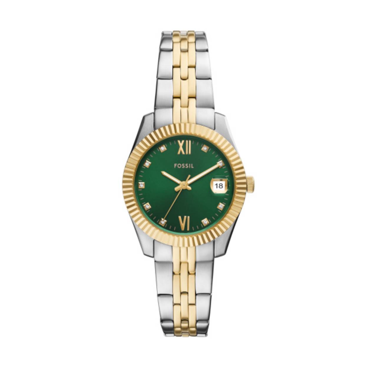 Dit prachtige Fossil horloge van de collectie 32mm Scarlette heeft een groene sunray-wijzerplaat, een uurwerk met drie wijzers en datum en een tweekleurige roestvrijstalen armband.