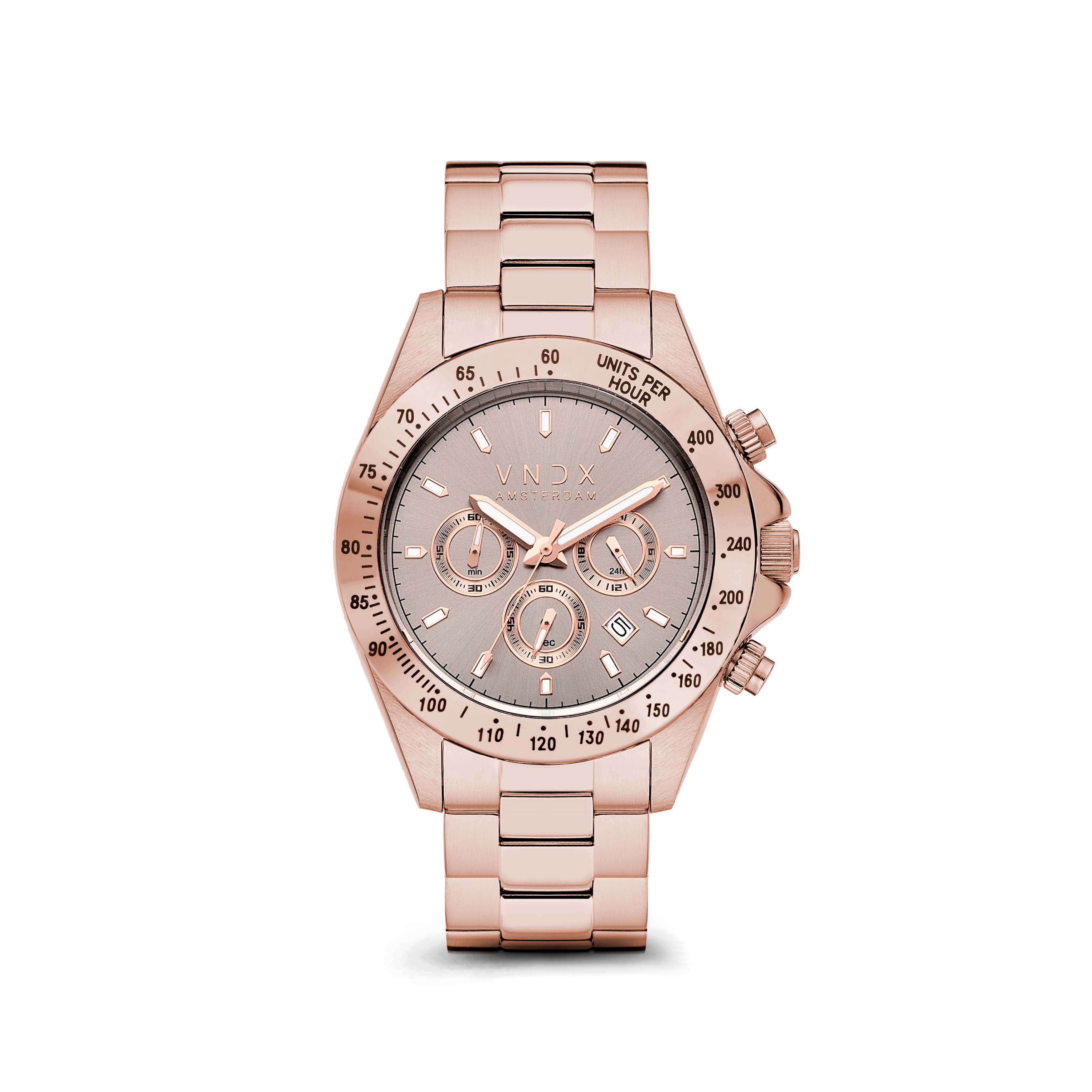 Dark DJ Rosé, het horloge dat samen met jou een eigen pad kiest. De schitterende rosé gouden kast met de sprekende rosé gouden lunette vormen de kast van je Dark DJ. In 42 mm diameter kast zit een sterk uurwerk voorzien van een chronograaf.

De schitterende grijze wijzerplaat is voorzien van een stopwatch, 24-uurs klok en een datum aanduiding. Zo ben jij nooit te laat voor je meetings of afspraken. Wanneer je tot in de nachtelijke uurtjes de baas bent over je tijd, zorgt de wijzerplaat er met haar lichtgevende wijzers voor, dat je ook in het donker weloverwogen beslissingen kunt nemen.