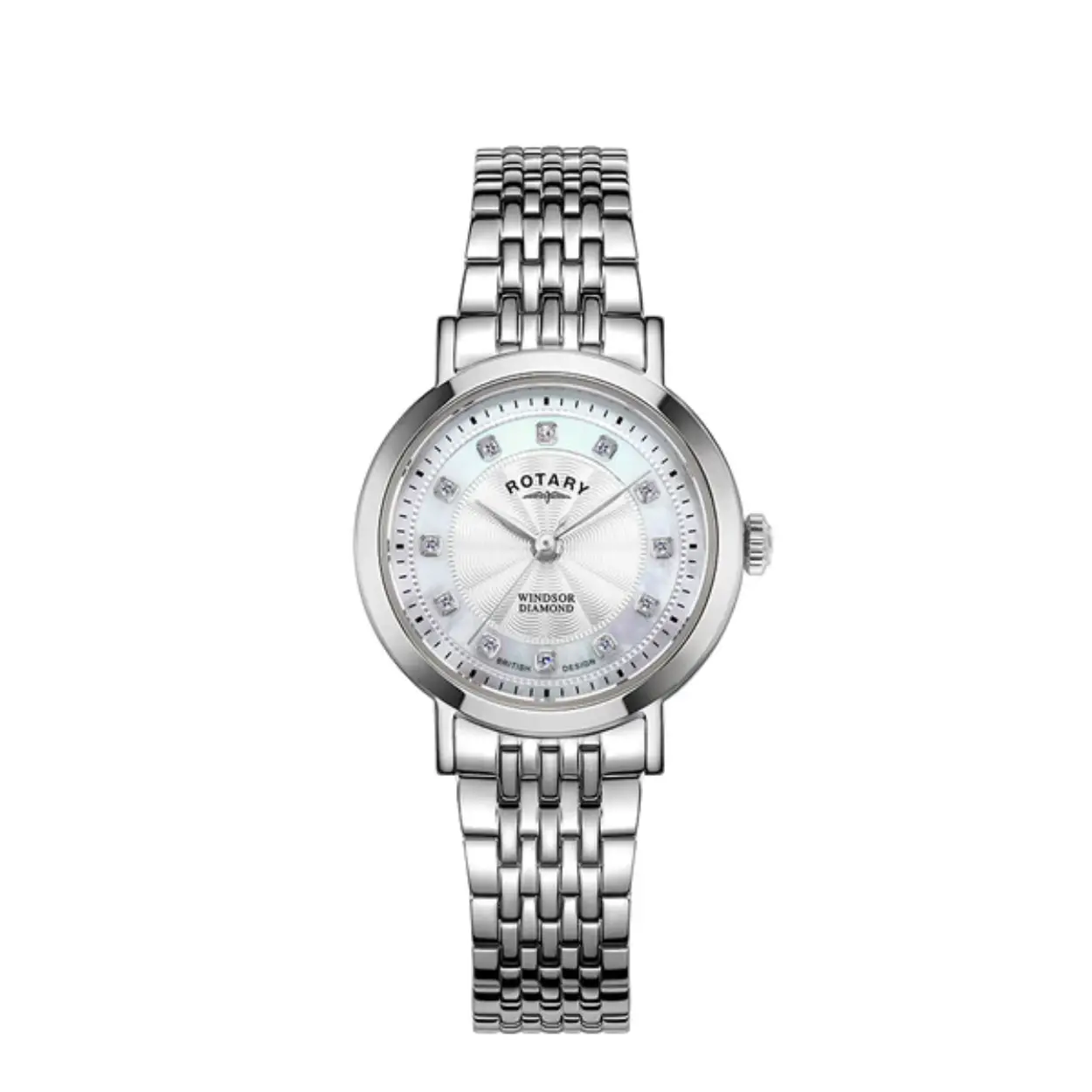 Gracefully designed with stainless steel and sapphire glass, this classic timepiece features 12 glimmering diamond markers over a mother of pearl  and guilloche dial along with radial and outer dial stitching. Water resistant to 50m, this Dress watch is powered by high-quality quartz and displays a date window for added practicality. Its stylish 7-link tapered stainless steel bracelet is complete with a deployment clasp that keeps it comfortably secure. A traditional, elegant and discreet accessory, the watchƒ??s case is 27mm in diameter, giving it a versatile silhouette that quietly complements any look.