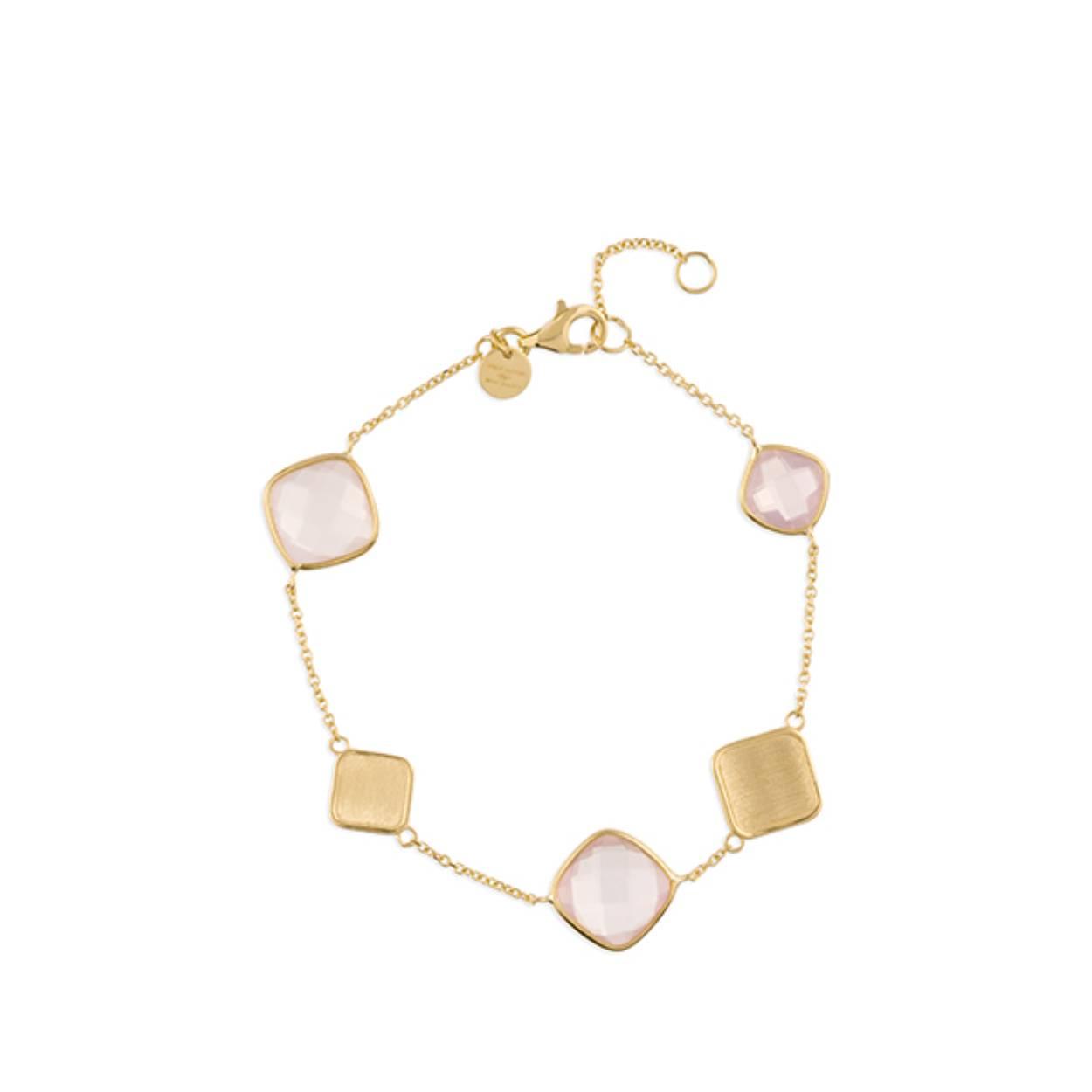 Deze armband is van het merk Italo Bottene. Het is een damessieraad uitgevoerd in geelgoud en gezet met edelstenen, roze kwarts. De lengte is 17-19 cm