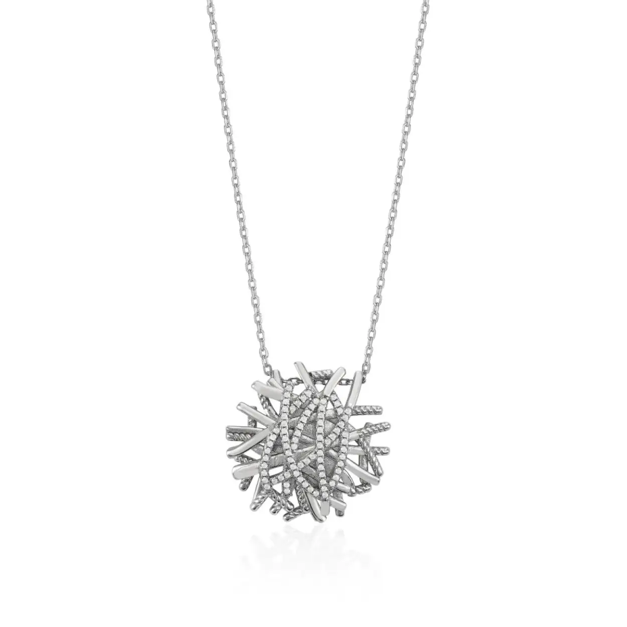 Shiny pendant with central knot motif formed by zirconia rails. The special design of this pendant together with its zirconia will allow you to create unique and elegant looks. Combined with the matching ring and earrings, you will shine like never before - a must-have in your jewelry box!