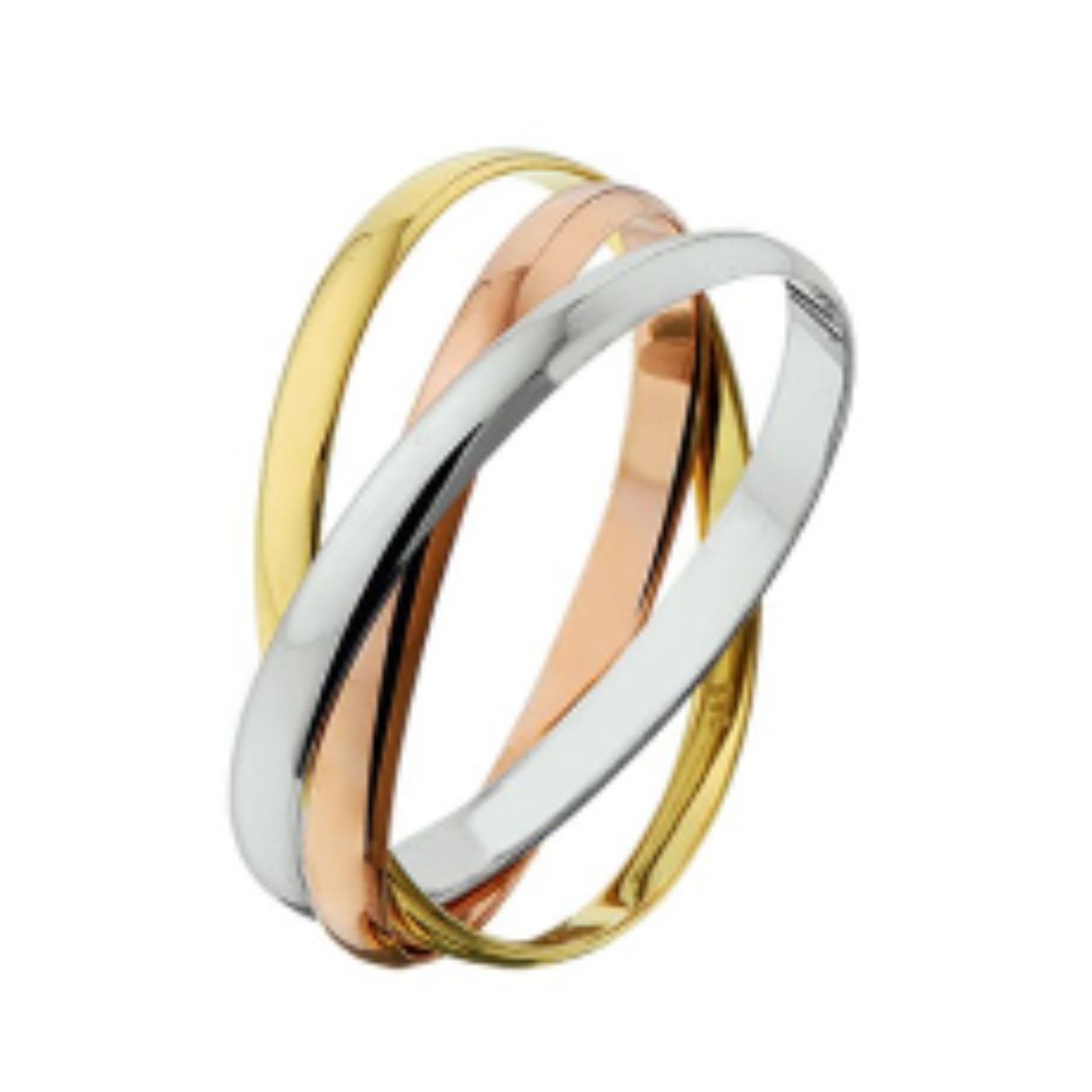 Drie kleuren goud - drie verschillende waarden. Geelgoud staat voor vriendschap rosegoud voor liefde en witgoud voor trouw. Details: Tricolor wit- rose- en geelgouden ring bestaande uit 3 in elkaar geplaatste losse banden.