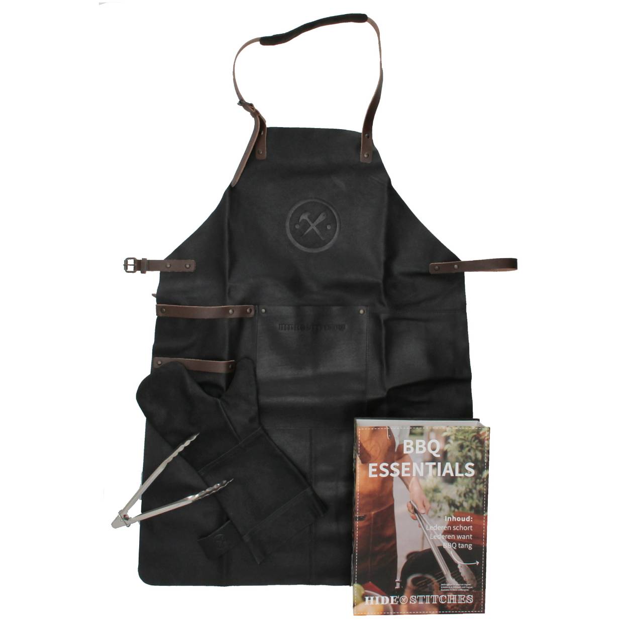 Complete set voor de BBQ liefhebber. Mooi leren schort een leren handschoen en een BBQ Tang