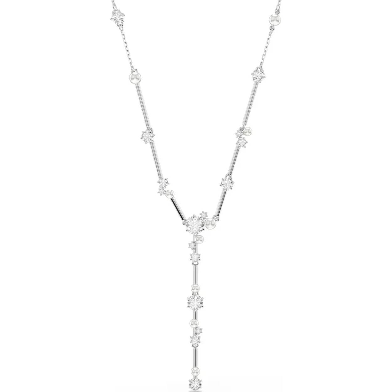 Deze schitterende y-ketting creëert zijn eigen sterrenbeeld van licht en verwondering en is een perfecte weerspiegeling van de sterren. Het geïnspireerde ontwerp bestaat uit een cluster van Swarovski Zirkonia en Swarovski Crystal Pearls in verschillende maten, die tussen de metalen staafjes van het sieraad lijken te zweven. De lange streng in het midden zorgt voor een extra vleugje sterrenstof, terwijl de karabijnsluiting een perfecte pasvorm garandeert. Draag het op elk moment van de dag of nacht om uw outfit te laten stralen.