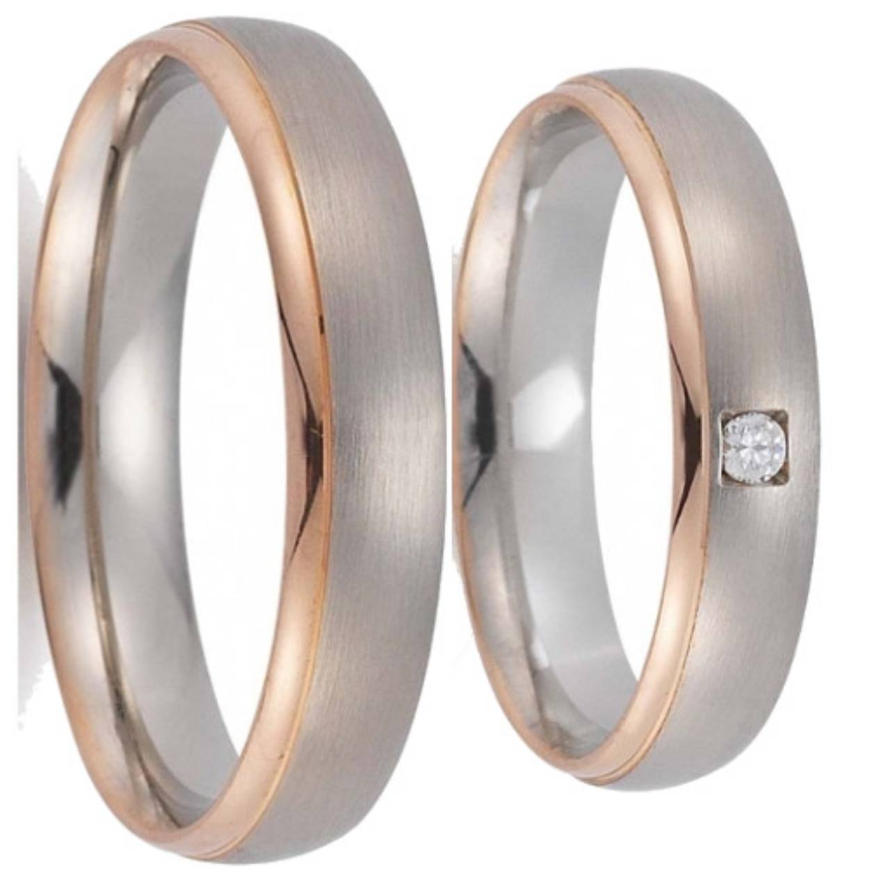 585 bicolor trouwringen  wit mat/ rood glimmend. 4.5 mm breed. De damesring is gezet met 0.03ct briljant vierkant gezet.
De prijs is op aanvraag