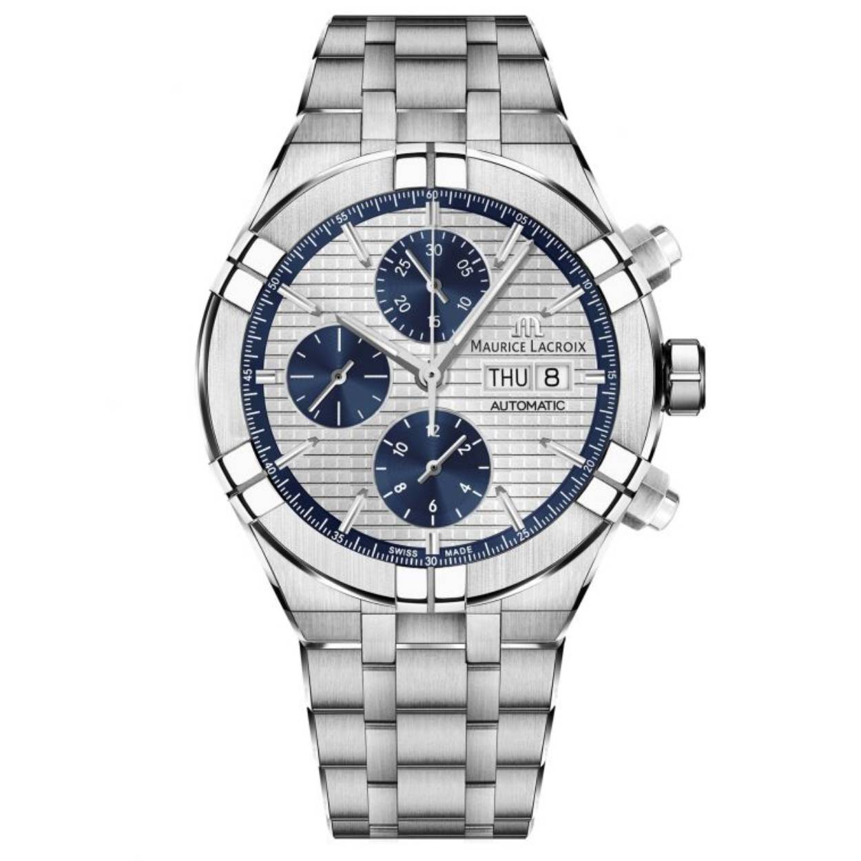 Dit Maurice Lacroix horloge heeft een roestvrijstalen kast met een diameter van 44mm en is voorzien van een leren band en een stalen band. In de kast bevindt zich een kwaliteitsuurwerk en is afgewerkt met saffierglas.

Het horloge is 20ATM. Dit betekent dat het horloge geschikt is voor duiken. Verder wordt het horloge geleverd met 2 jaar wereldwijde garantie.
