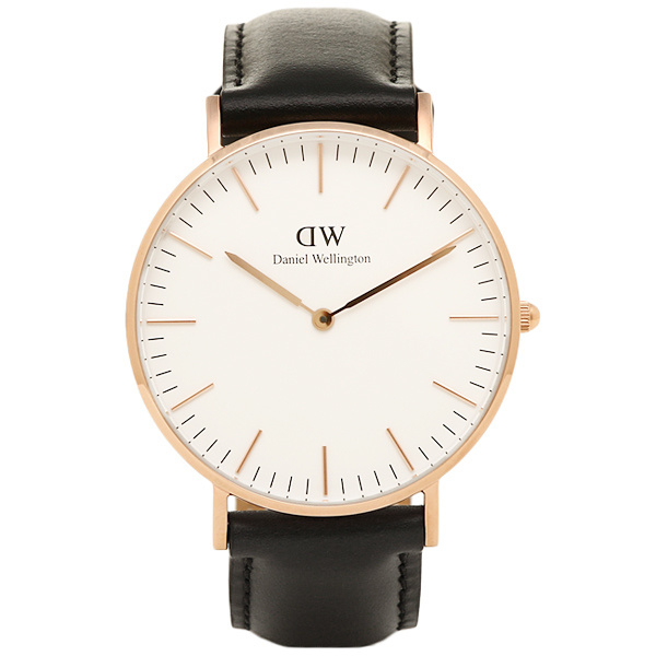 Daniel Wellington – rond rose plating horloge in 36 mm met een lichte wijzerplaat en een zwarte leren band.