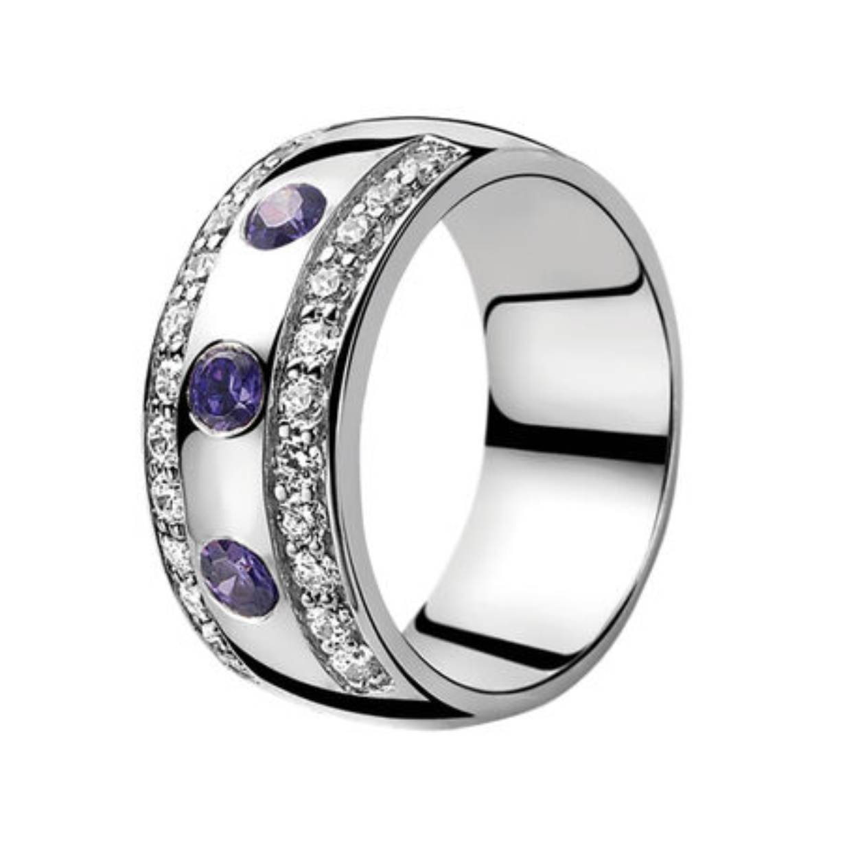 ring in zilver met paarse steentjes op maat 56