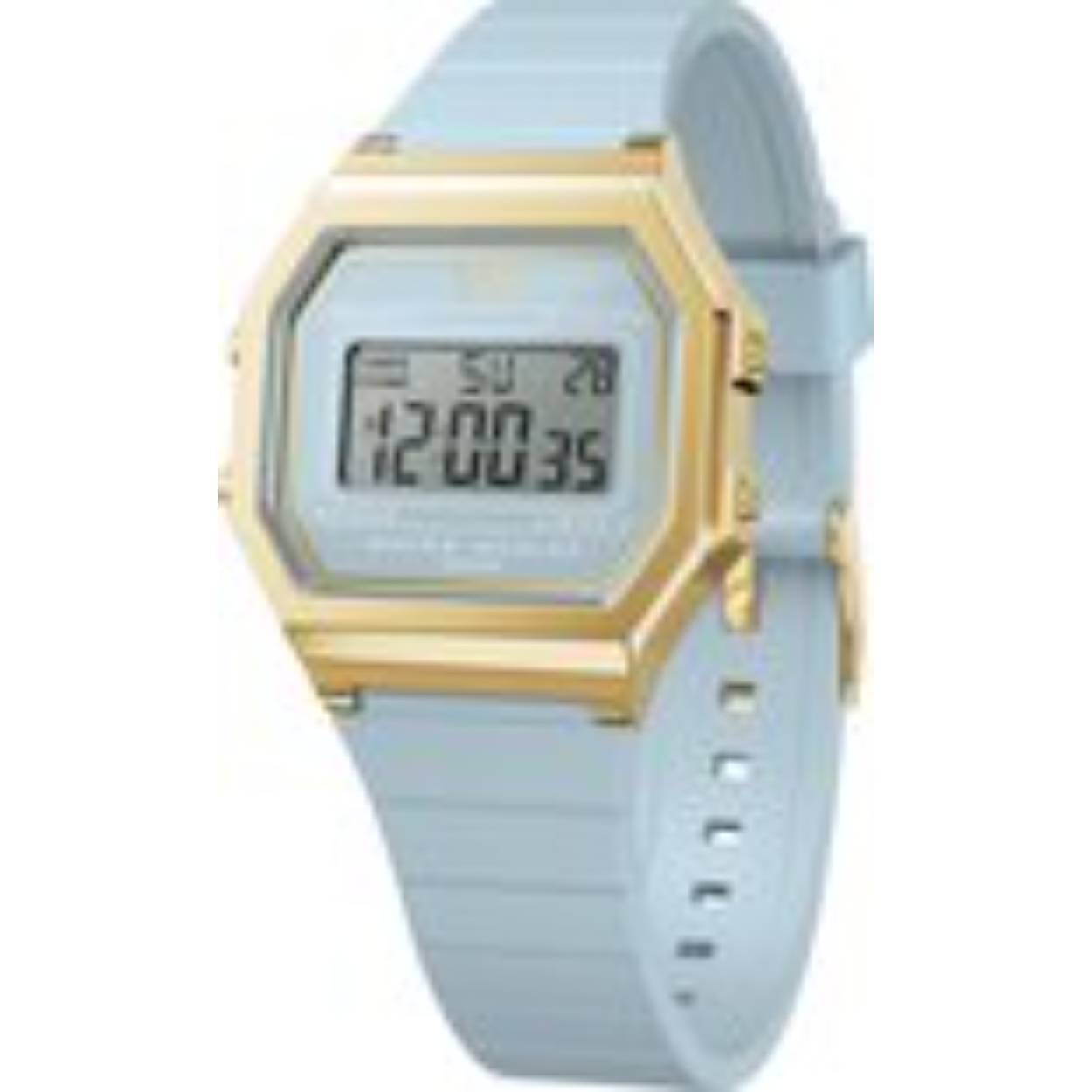 Dit horloge, modelnummer 022058, is perfect voor een stijlvolle en comfortabele look. Het heeft een kwartshorloge met digitale aanduiding en een blauwe plastic siliconen band. De gouden en zilveren kast is gemaakt van metaal. Waterbestendig met een niveau van 3 en allergievriendelijk. Ideaal voor dagelijks gebruik dankzij de datumfunctie en nikkelvrij ontwerp. Draag het om uw pols met casual of sportkleding voor een moderne uitstraling.
