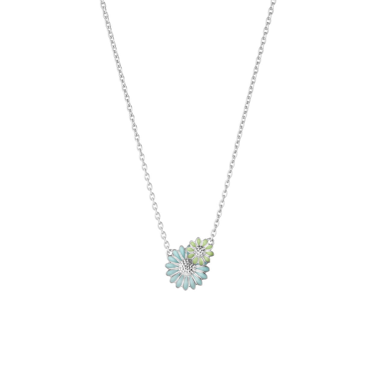 Designed to hang elegantly by its anchor chain against the wearer’s chest, the Daisy Pendant in rhodium-plated sterling silver and hand-painted in blue and green enamel, is a timeless addition to any jewellery box. The piece was made in collaboration with the Danish designer Stine Goya, reimagining Georg Jensen’s classic Daisy collection of the 1940s. It can be shortened to suit your needs.