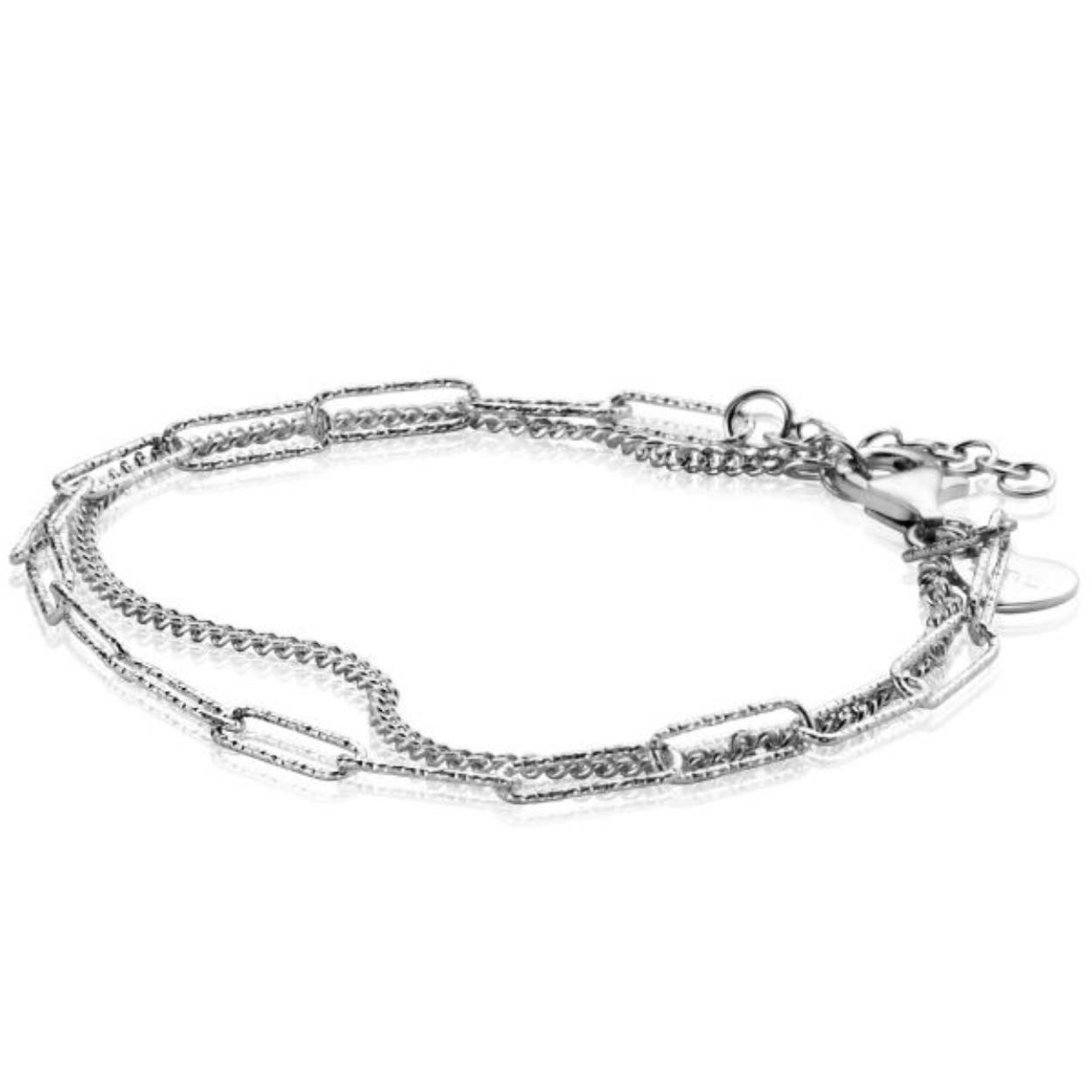 ZINZI zilveren multi-look armband met twee verschillende trendy schakels: de gourmet schakel en de paperclip schakel. Het geeft de armband een '2 in 1' uitstraling. Met herkenbaar Zinzi hartje bij de sluiting. De lengte van de armband is te variëren tussen 17 en 20cm. De armband is vervaardigd van eerste gehalte zilver (925) en voorzien van een extra rodiumlaag voor een langdurige glans.