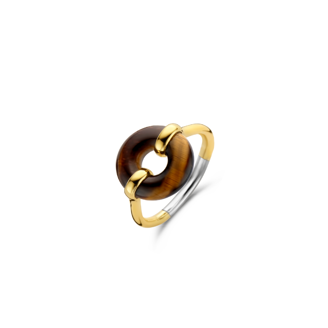 Het pronkstuk van deze TI SENTO - Milano gold-plated zilveren ring 12236TE is de bruine tiger-eye steen in het midden. De vergulde ring is gemaakt van 925 sterling zilver. De ronde vorm maakt het een artistiek geheel. Laat je inspireren door de krachtige tiger-eye steen, met haar palet vol aardse en energierijke kleuren.