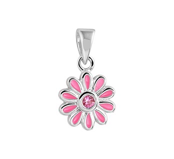 Gerhodineerd 925 zilveren hanger in de vorm van een bloem uitgevoerd met een schitterende roze zirkonia. De hanger heeft een totale hoogte van 1.6cm en een breedte van 9mm.