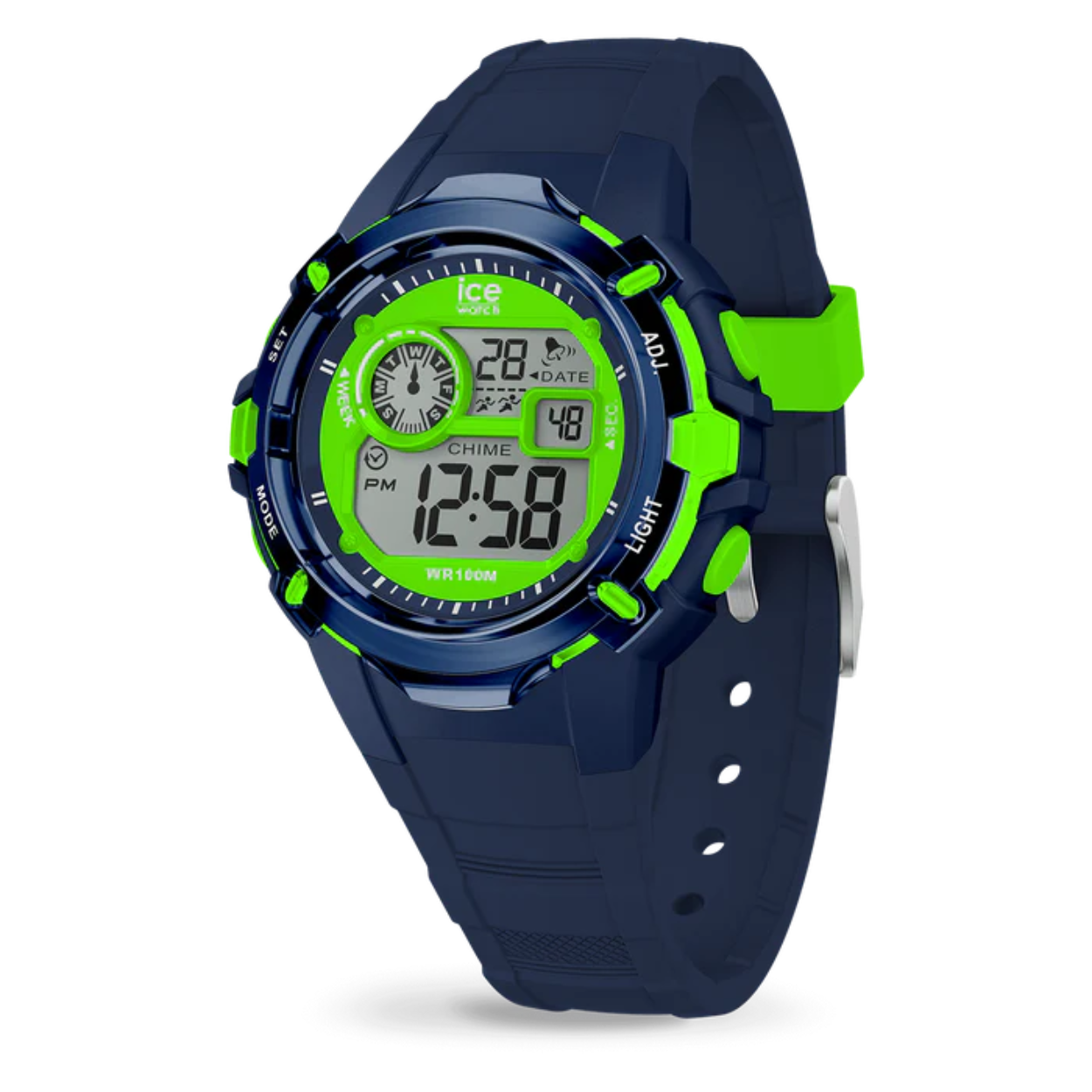 Ontdek de ICE digit explorer Dino. Dit kinderhorloge in marineblauw en groen is het perfecte accessoire voor kleine avonturiers. Dankzij het digitale display is de tijd aflezen kinderspel. Het horloge is speels, trendy en leuk om te dragen en heeft een siliconen band en een lichtgewicht kunststof behuizing. Je kind zal het coolste kind op de speelplaats zijn met dit leuke, kleurrijke en toch ingetogen model. Dit horloge is ontworpen om een vleugje stijl toe te voegen aan elke outfit en is een must-have voor wie zijn persoonlijkheid wil laten gelden met elegantie en functionaliteit