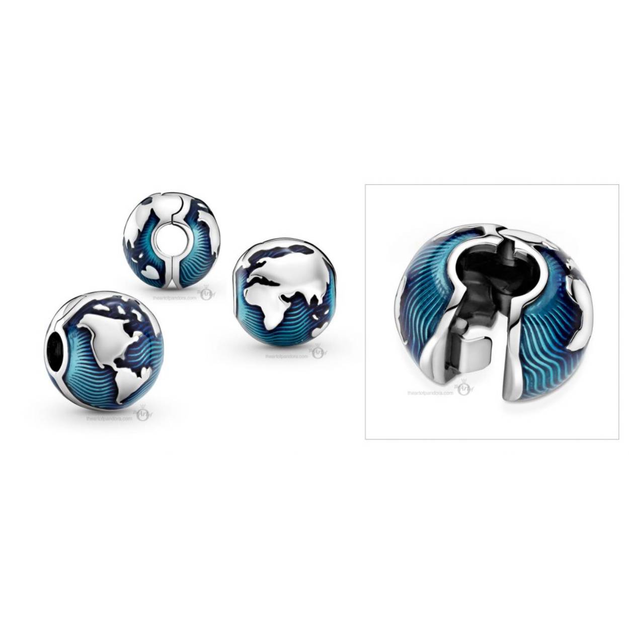 Laat zien hoeveel je van onze planeet houdt met de Blauwe Wereldbol Clip Bedel. De gepolijst sterlingzilveren continenten worden omringd door golven van handmatig aangebracht blauw emaille. Australië heeft de vorm van een hart. Draag deze bedel als aandenken aan alle reizen die je al gemaakt hebt en nog gaat maken, en combineer hem met andere blauwe Pandora Moments bedels als eerbetoon aan onze blauwe planeet. Deze clipbedel heeft geen siliconen grip, dus hij beweegt heen en weer wanneer hij niet op het schroefdraadsysteem wordt geplaatst (twee verhoogde bedelverdelers).