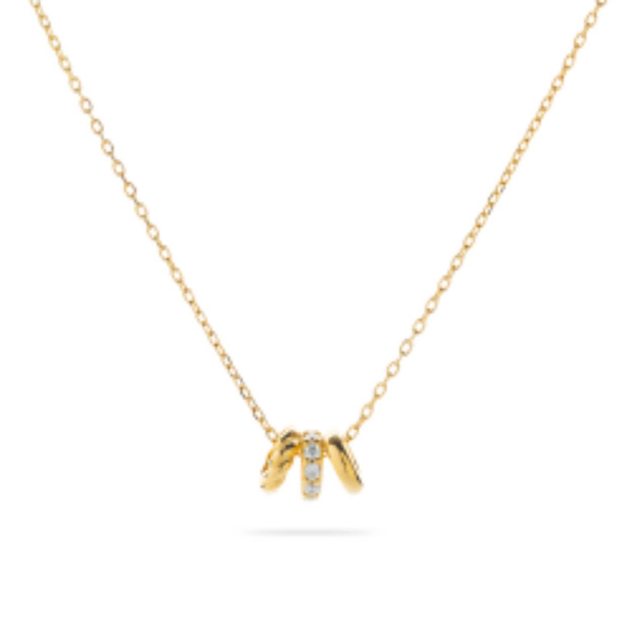 14 karaat gouden collier 42 + 3 cm 
Aan het collier hangen 3 gouden schijfjes.
1x glad, 1x met zirconia's en 1x getwist