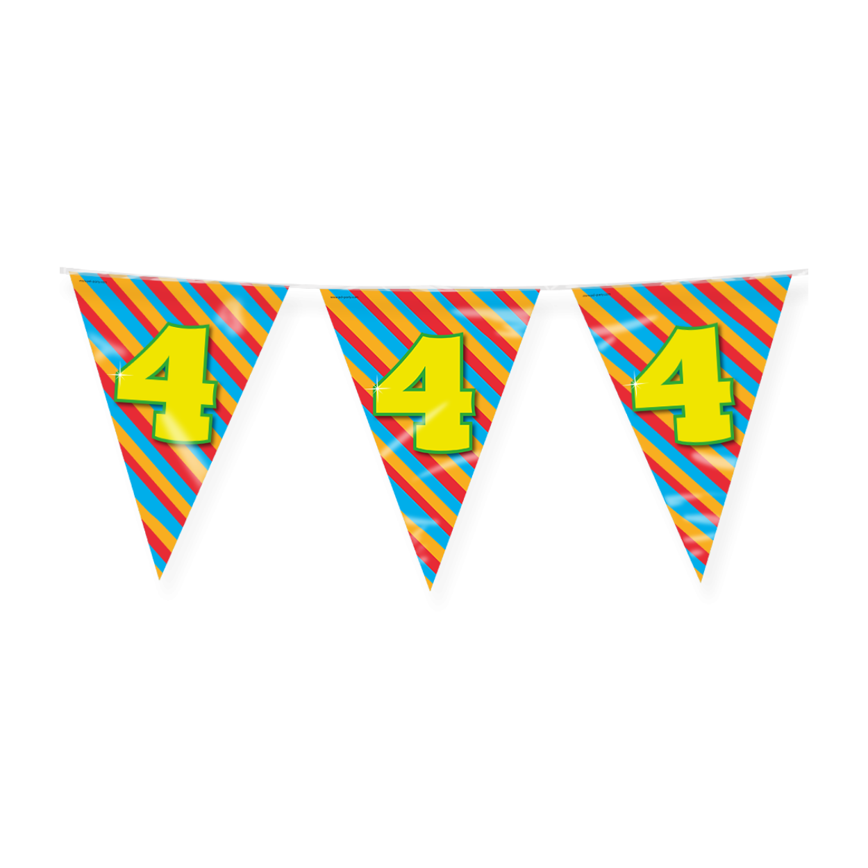 De Happy party flags 4 zijn de ideale versiering op de verjaardag van een 4-jarige. Door de vrolijke kleuren vallen deze party vlaggen dan ook extra goed op! De aan beide kanten bedrukte vlaggetjes zijn gemaakt van folie, hebben een lengte van 10 meter.