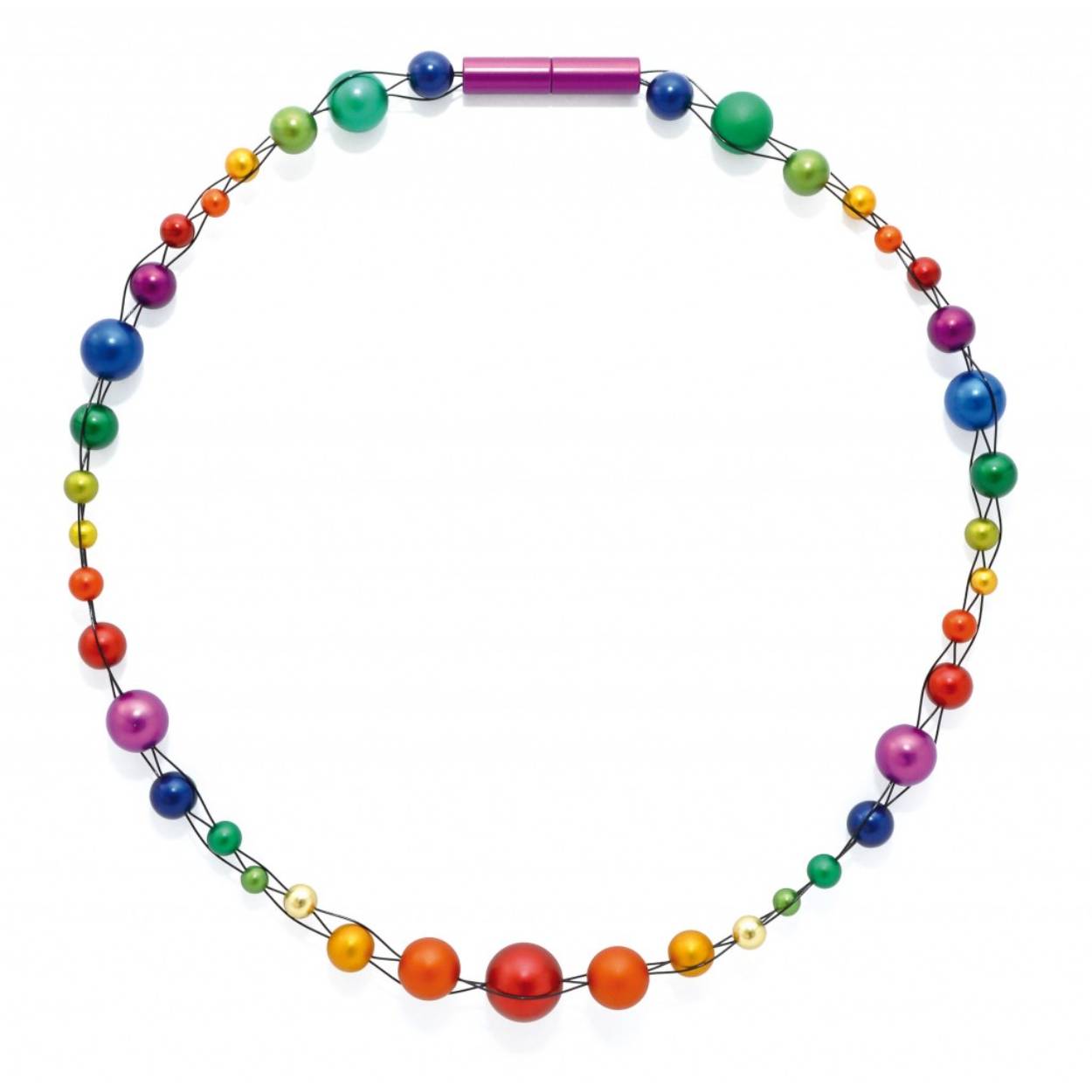 Collier met bolletjes van verschillende grote en kleuren.