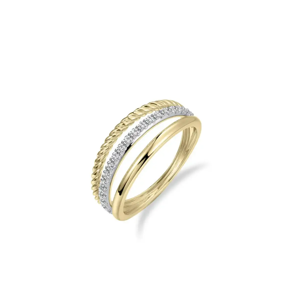 Geel gouden ring bestaande uit 3 ringen, 1 gladde ring, 1 ring met zirkonia en 1 ring gedraaid.
