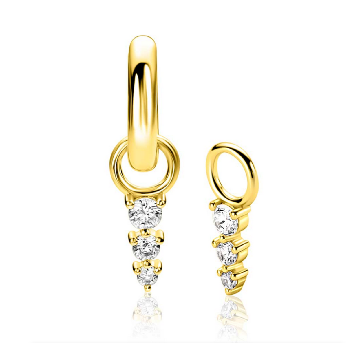 Zinzi vergulde oorhangers met 3 zirconia's aflopend