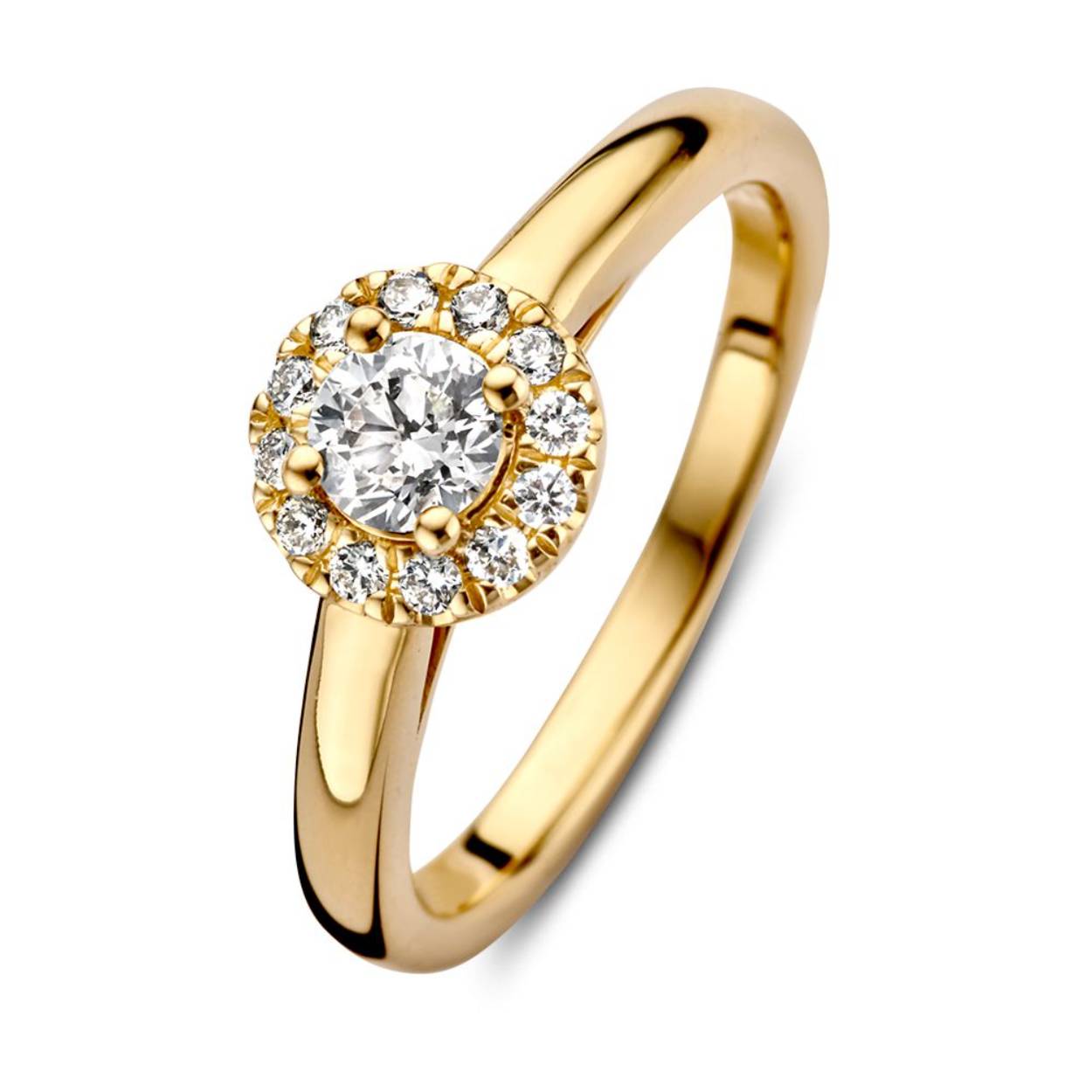 Schitterende geelgouden entourage ring met volle scheen en een middensteen van 0,32 crt. De ring is zo ontworpen dat hij naadloos gecomineerd kan worden met een gouden (rij)ring.
