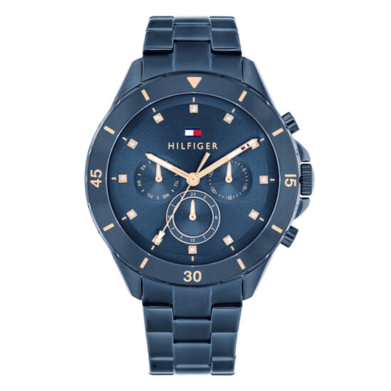 Tommy Hilfiger TH1782743 Horloge Dames Staal Blauw 40mm
Dit specifieke horloge van Tommy Hilfiger uit de Mellie serie met artikelnr: TH1782743 is een sportief horloge die zeker in je collectie past. Het stalen dameshorloge heeft een ronde blauwe kast met een sportieve aluminium blauwe bezel. Het horloge heeft een blauwe wijzerplaat  met uren die worden weergegeven met kristallen. Verder is het horloge multifunctioneel, heeft het dag,-datum en 24-uursaanduiding in een gouden kleur. Het horloge heeft een blauwe verstelbare schakelband, een mineraalglas, een doorsnee van 40mm en is 5ATM.  

Het merk:
Sinds de lancering van het merk in 1985 is Tommy Hilfiger wereldwijd bekend geworden als pionier van de klassieke Amerikaanse coole stijl. Geïnspireerd door de iconische popcultuur en het Amerikaanse erfgoed. De dames en herencollectie van dit seizoen bestaan uit minimalistische silhouetten en rustieke lederen details. De herenhorlogecollectie biedt iconische uurwerken met roestvrijstalen, lederen en siliconen banden.

Specificaties:
- Mineraalglas
- Ronde kast 40mm
- Blauwe horlogekast
- Blauwe wijzerplaat
- Aluminium blauwe bezel
- Blauwe schakelband
- Multifunctioneel
- 5ATM