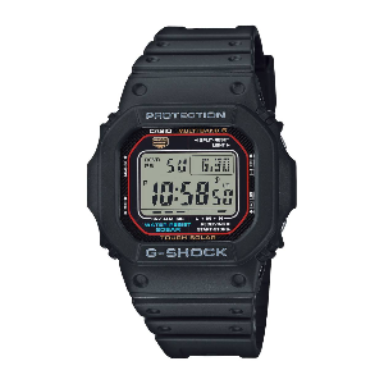 G-Shock GW-M5610U-1ER - een fantastisch horloge van alle gemakken voorzien. Het zendergestuurde horloge werkt op lichtenergie. Een batterijwissel is dus niet nodig. Nadat het horloge op de lokale tijdzone is ingesteld, ontvangt het het betreffende radiosignaal en geeft het altijd de exacte tijd aan.

MERK	G-Shock
MODEL NAAM	The Origin
GESLACHT	Heren
TYPE HORLOGE	Polshorloge
TIJDSWEERGAVE	Digitaal
KALENDER WEERGAVE	Automatische kalender
FUNCTIES	24 Uurs weergave, Power Reserve indicator, Schokbestendig, Solar Powered, Stopwatch, World-Timer, Zendergestuurd
MATERIAAL GLAS	Mineraalglas
MATERIAAL KAST	Kunststof
MATERIAAL BAND	Resin
KLEUR - ALGEMEEN	Zwart
DIAMETER	43 mm
DIKTE BEHUIZING	12.7 mm
BREEDTE BAND	26.3 mm
LENGTE BAND	14.5 - 20.5 cm
SLUITING	Gesp
WATER RESISTANT	20 ATM (duiken)
UURWERK	Digitaal
TYPE ILUMINATOR	Volautomatische illuminator
ALARMEN	5 Alarmen per dag