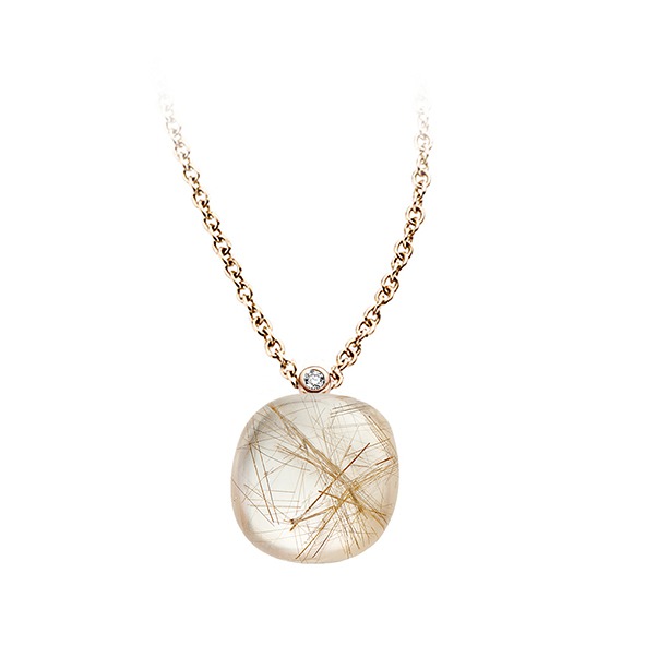 Quartz Rutile Moonshine
Een 18 kt. roségouden collier uit de Mini Sweety collectie van het Belgische merk Bigli. Het collier is voorzien van een prachtige
rutielkwarts steen met witte parelmoer. Tevens is het collier gezet met een diamant van 0,01 ct. in een ronde zetting.