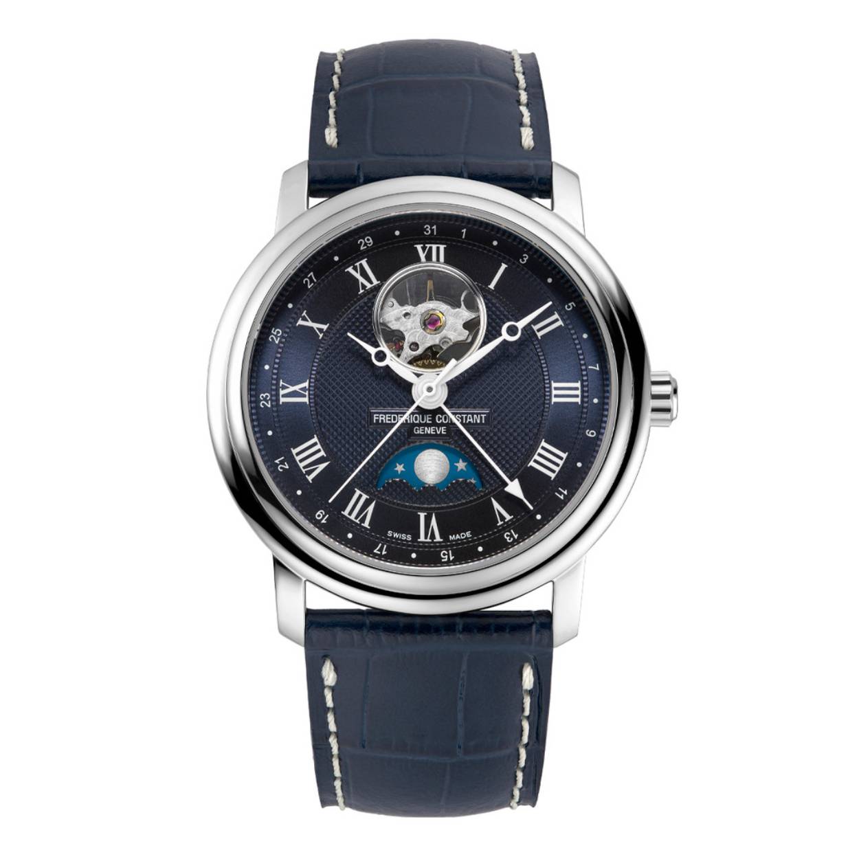 Dit Frederique Constant horloge komt uit de Classics Heart Beat collectie.
Referentienummer: FC-335MCNW4P26

Dit Frederique Constant horloge is uitgerust met een automatisch FC-335 uurwerk met een gangreserve van 38 uur. Dit automatische uurwerk is te zien door de opengewerkte blauwe wijzerplaat. Deze wijzerplaat is een samenspel van guilloche patroon en een elegante maanfase op 6 uur. De kast is gemaakt van edelstaal en wordt aangevuld door een blauwe kalfsleren band. De kast is voorzien van een krasvrij saffierglas aan beide zijden en heeft een diameter van 40MM. Het horloge is getest op een waterdichtheid van 6ATM / 60M.