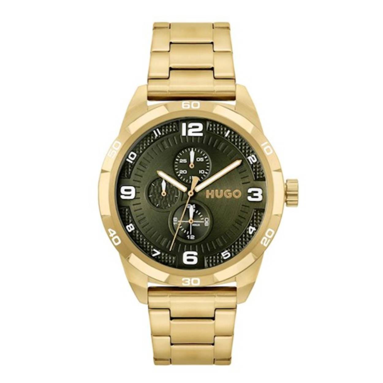 Dit Hugo by Hugo Boss horloge, uit de Grip collectie, heeft een vergulde stalen band en kast. De wijzerplaat is sunray army green met witte indexen en wijzers. Het horloge is voorzien van een dag, datum en 24-uurs aanduiding